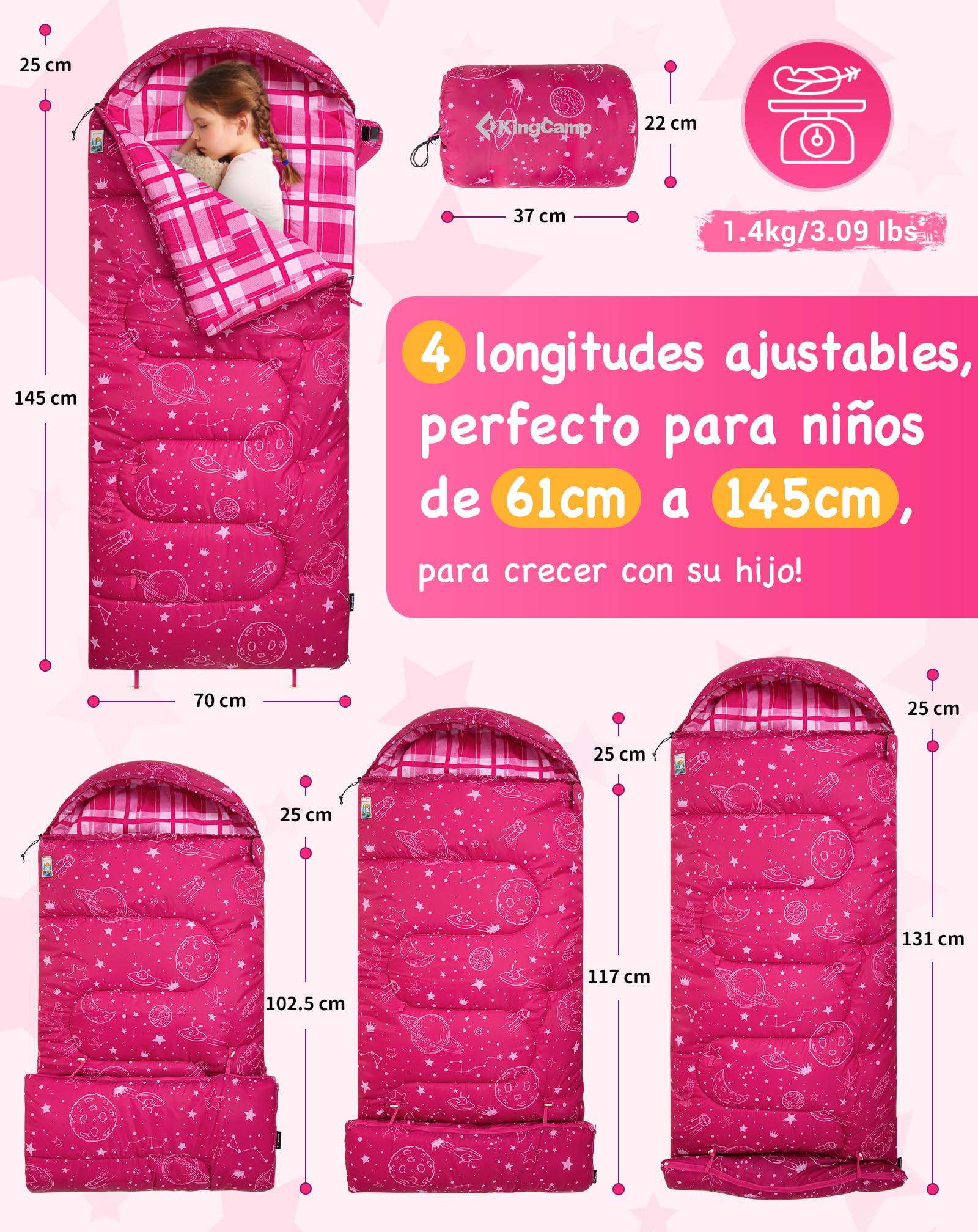 KingCamp Saco de Dormir Niños Franela de Algodón | 170 X 70 cm | 7℃ a -13 ℃ | Cálido y Cómodo para Niñas(Altura máxima hasta 145 cm) | Invierno Camping Accesorios, Viajes y Actividades