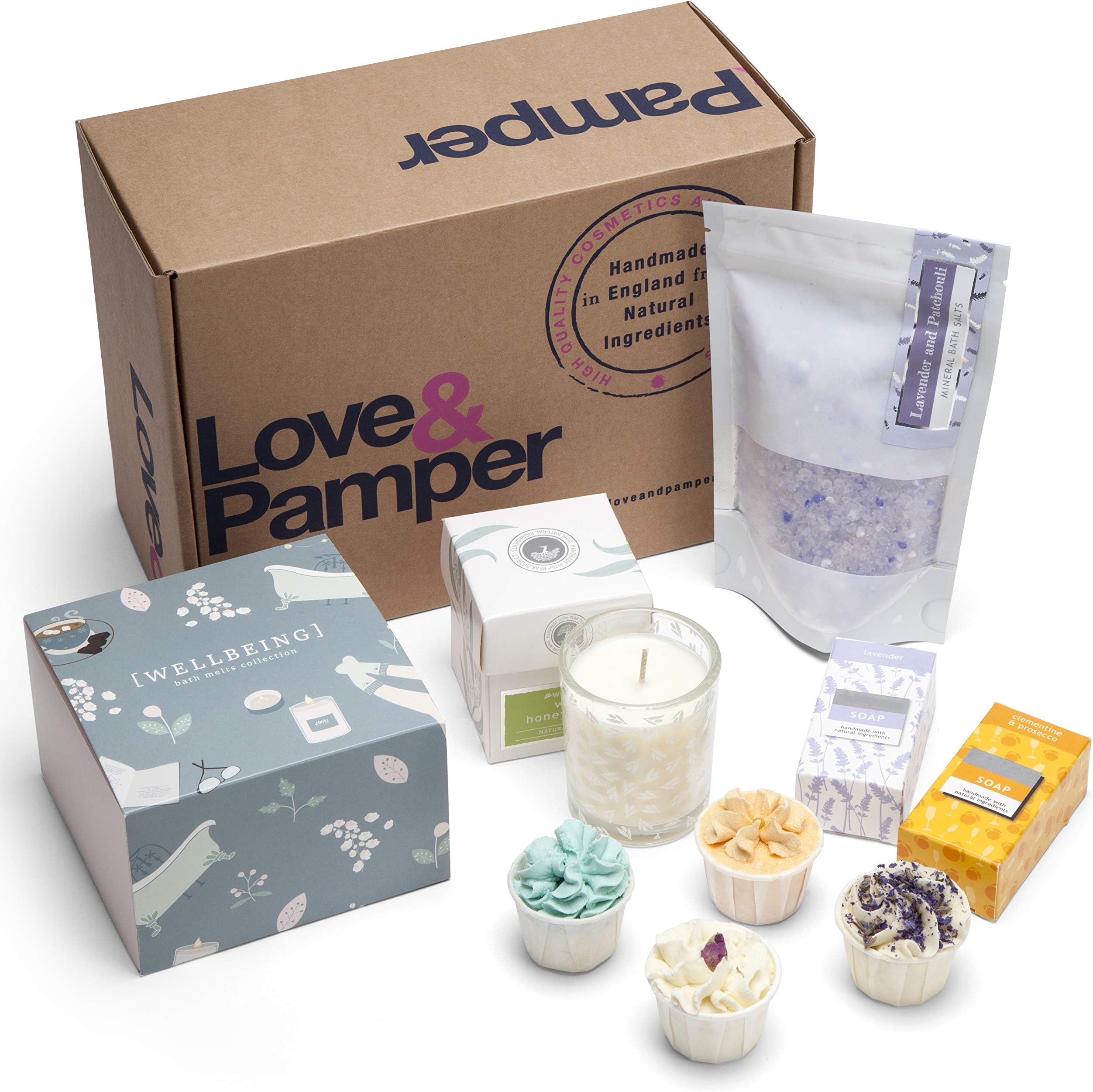 Love & Pamper - Hand Made Relaxation Pamper Wellbeing Gift Set, 4 Relaxation Bath Melts, Dead Sea Bath Salts, Lavender/Patchouli, Soy Wax Candle, Wild Honeysuckle, Lavender Soap, Sweet Orange Soap