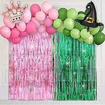 Witch Themed Party Decorations Halloween Pink and Green Streamers Backdrop Balloons Kit Princess Birthday Crown Witch Hat Balloon Garland Foil Fringe Curtains for Holiday Party Supplies Favors Decor