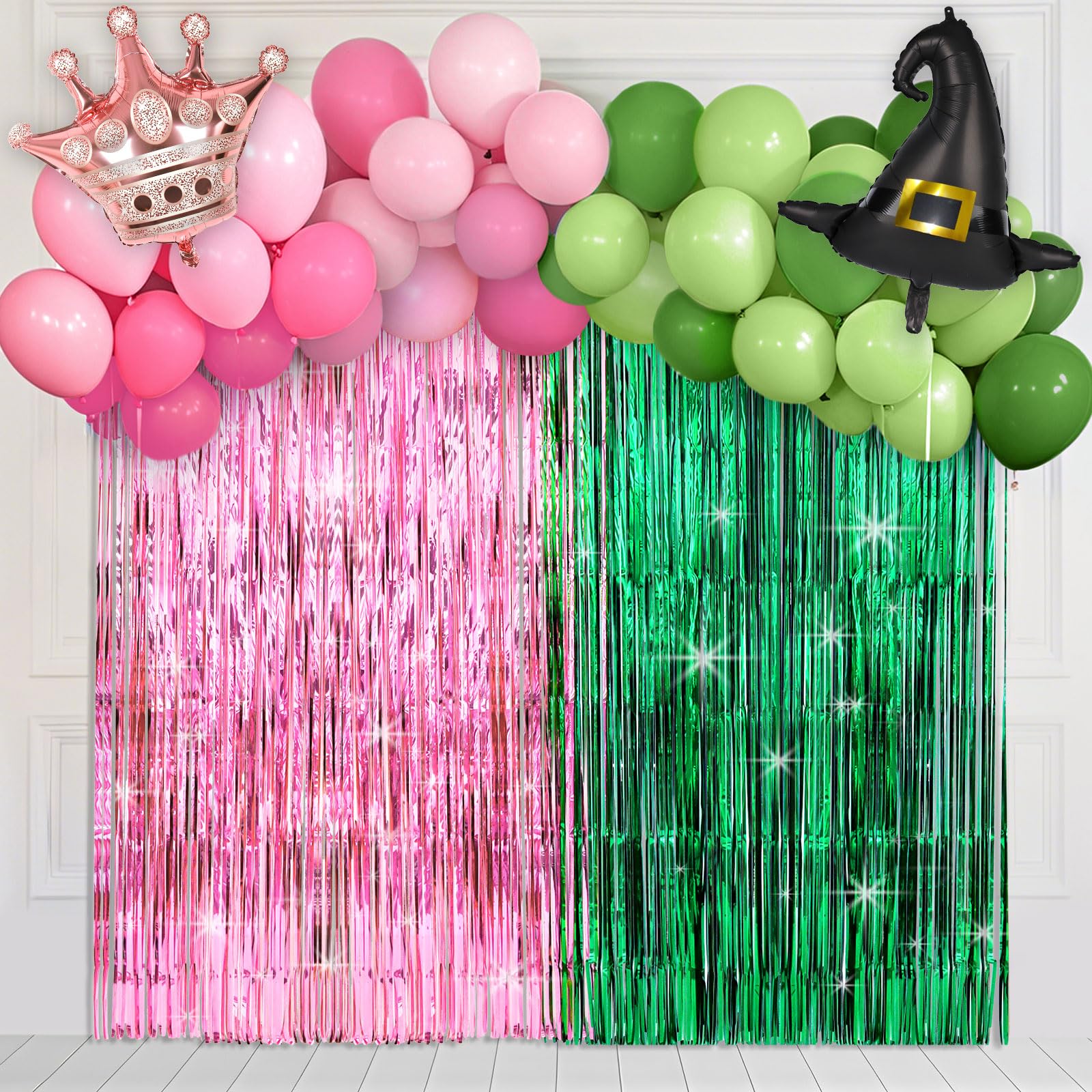 Witch Themed Party Decorations Halloween Pink and Green Streamers Backdrop Balloons Kit Princess Birthday Crown Witch Hat Balloon Garland Foil Fringe Curtains for Holiday Party Supplies Favors Decor