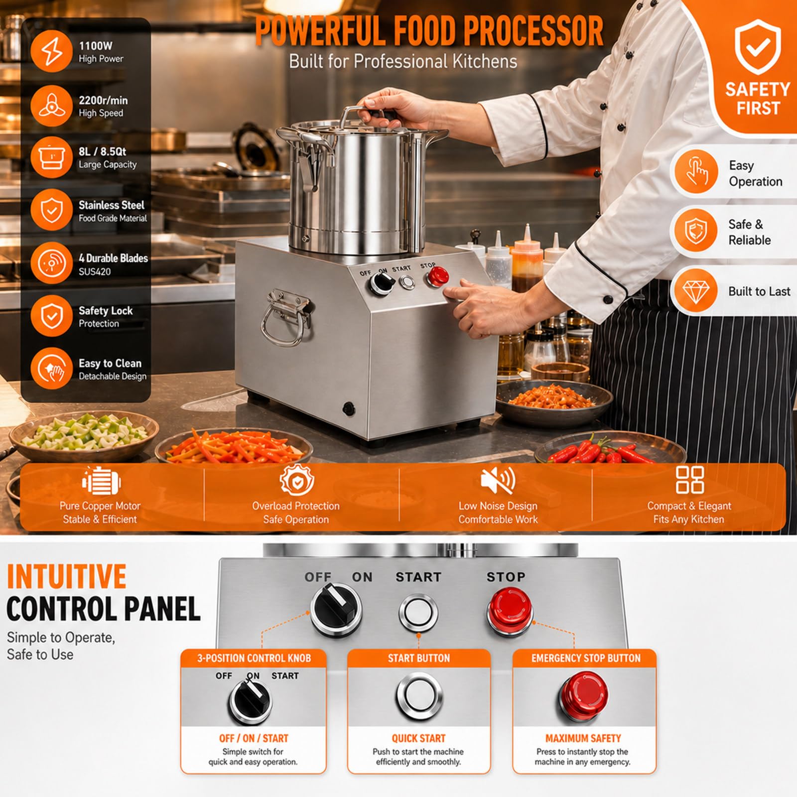 Cutter à Viande De Cuisine Vertical Robot Culinaire 3l/ 4l/ 6l/ 10l/ 15l, Robot Culinaire Et Hachoir à LéGumes, Moteur Puissant & Verrouillage SéCurité 4L