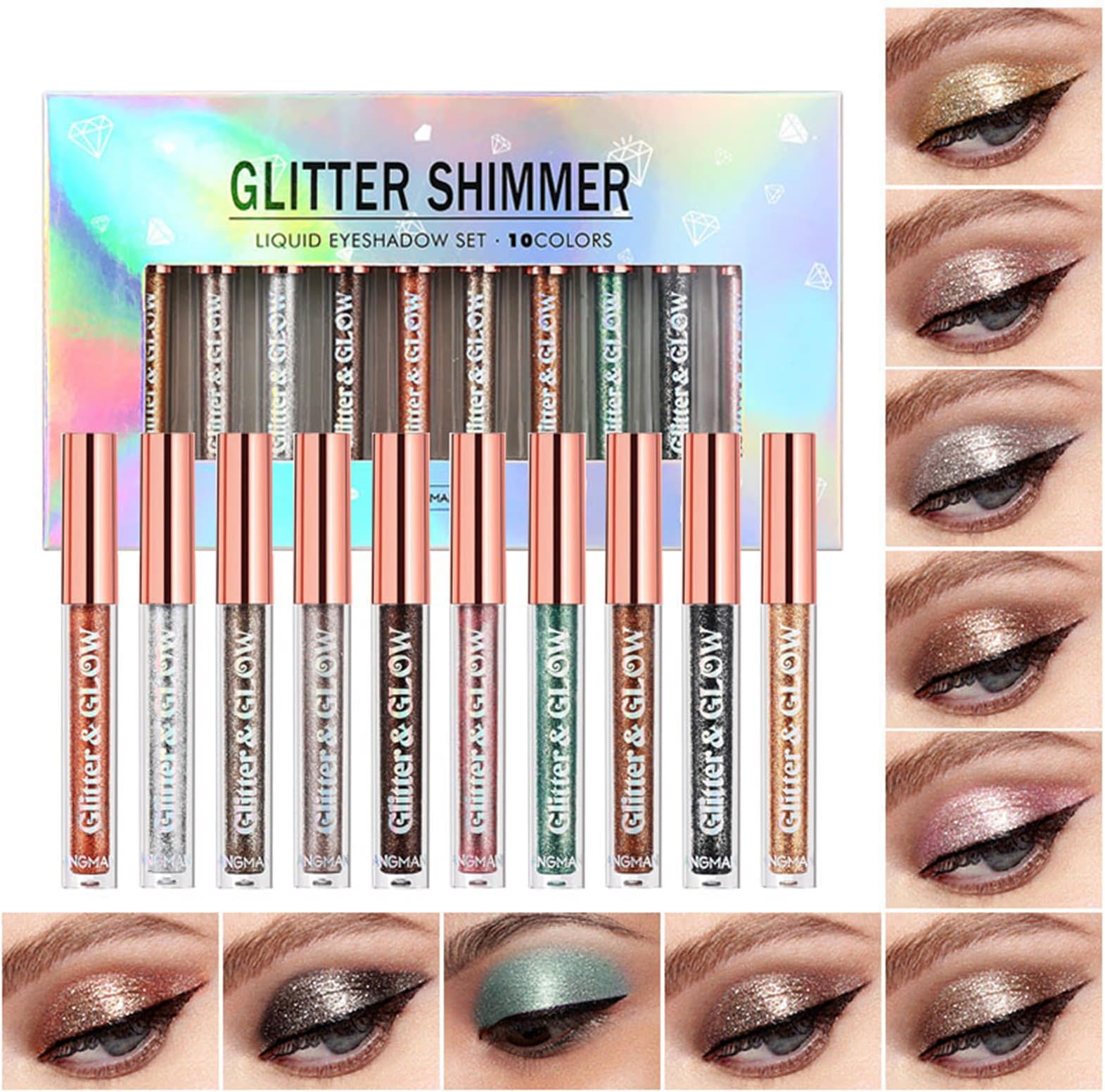 BestLand 10 Colors Liquid Glitter Eyeshadow Set, Metallic Glitter Shimmer Naked Smokey Eye Looks Waterproof Long Lasting Quick-Drying Sparkling Eye Shadow Christmas Makeup Kits