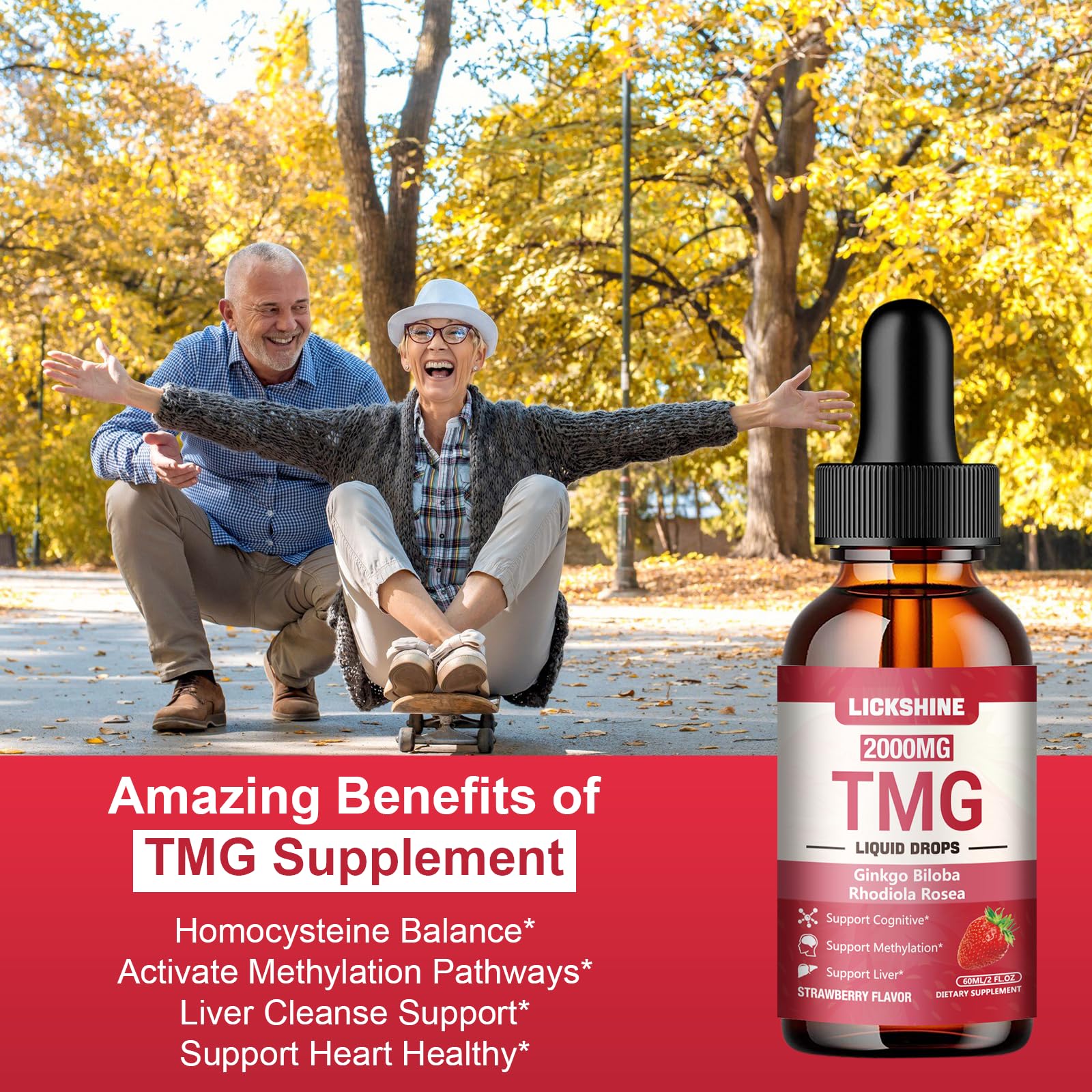lickshine 2 Packs 2000MG TMG Supplements Liquid Drops - Trimethylglycine, Ginkgo Biloba, Rhodiola Rosea & Vitamins B, High Absorption, Brain Function - Strawberry Flavor 4 Fl.Oz — Amazon image 4