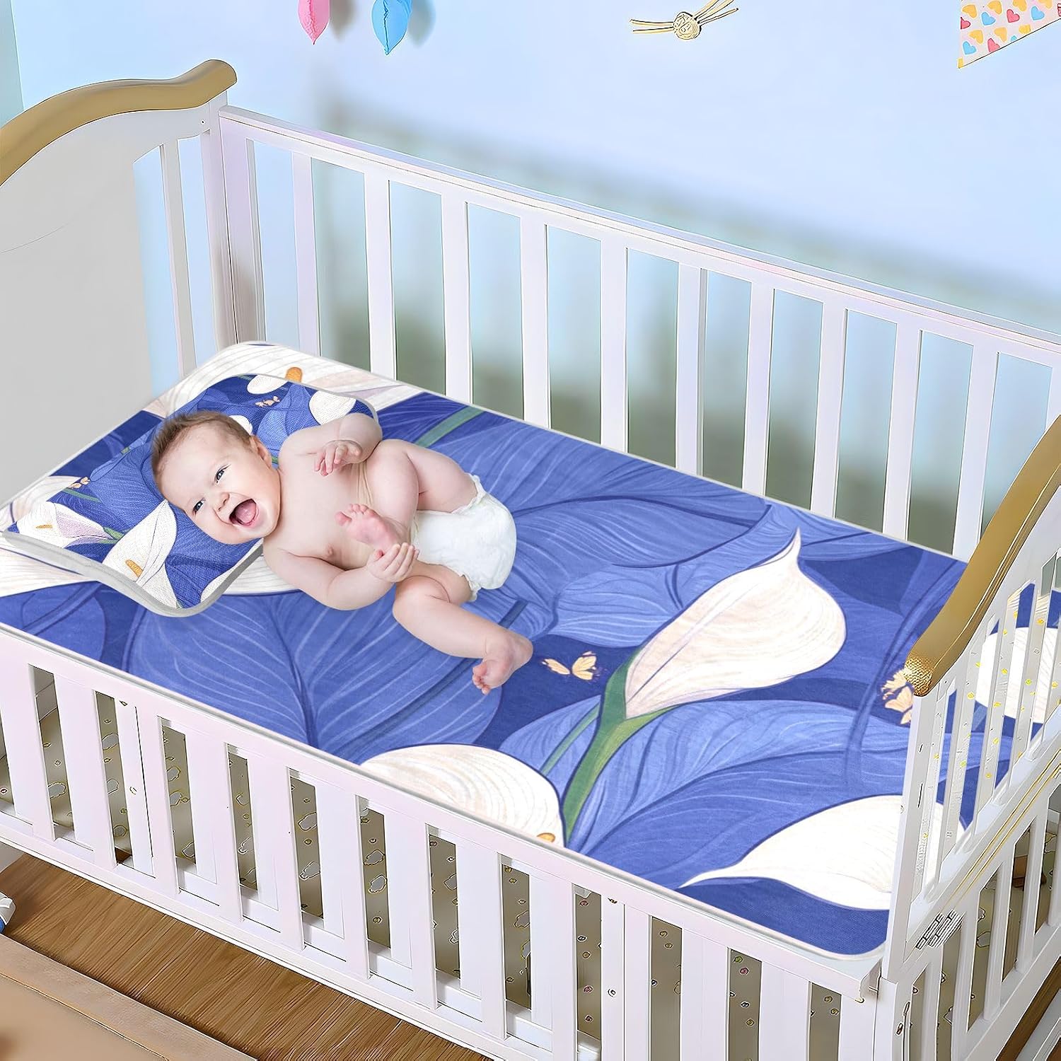 Safari Calla Lily Royal Blue Flower Cooling Baby Crib Mattress pad 28" x 52" Reusable Crib Mattress pad for Baby&Toddler