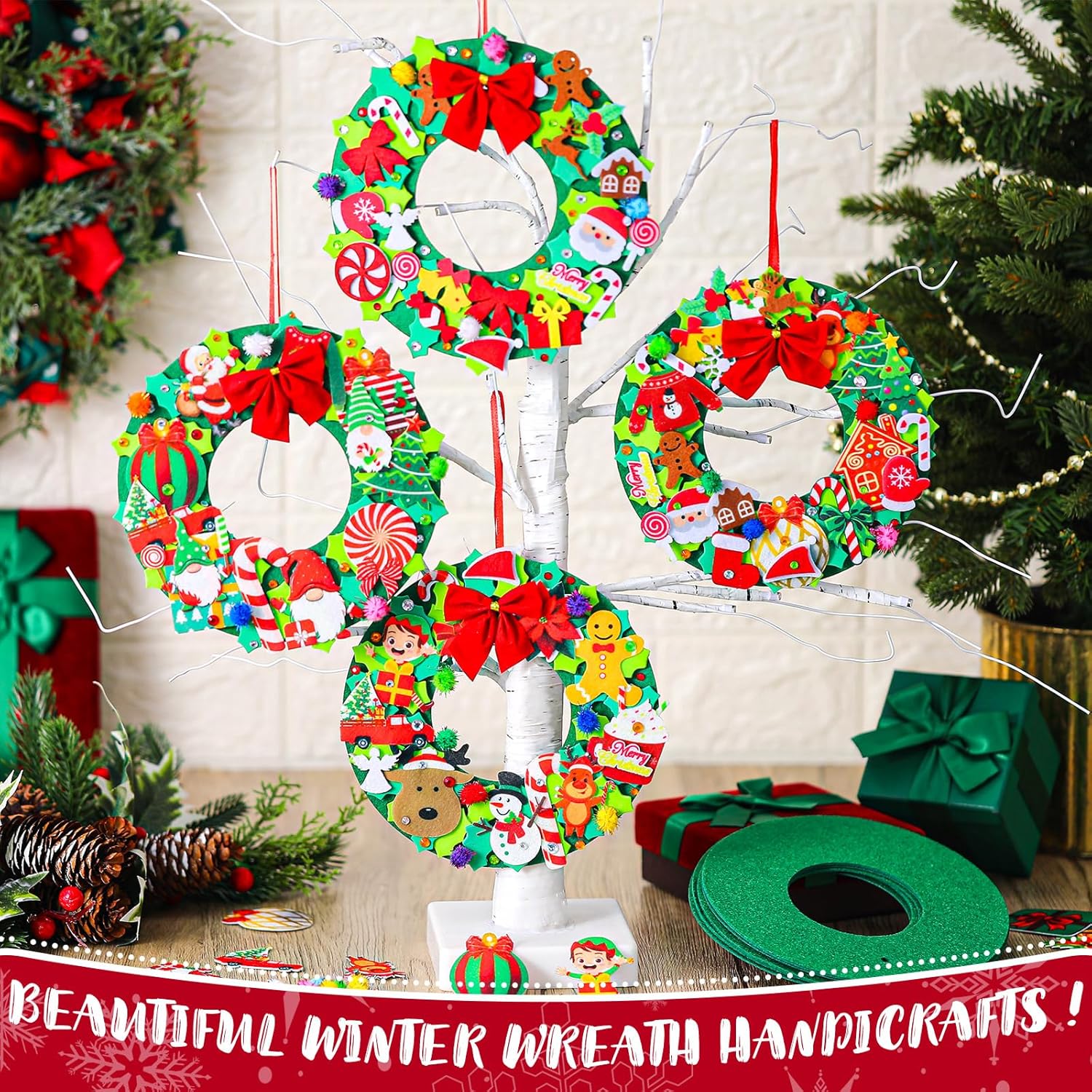 32 Sets DIY Christmas Crafts Kits Christmas Foam Wreath Craft Kits Snowman Santa Bows Sticker Wreath Ornaments Arts and Crafts for Home Indoor Decoration