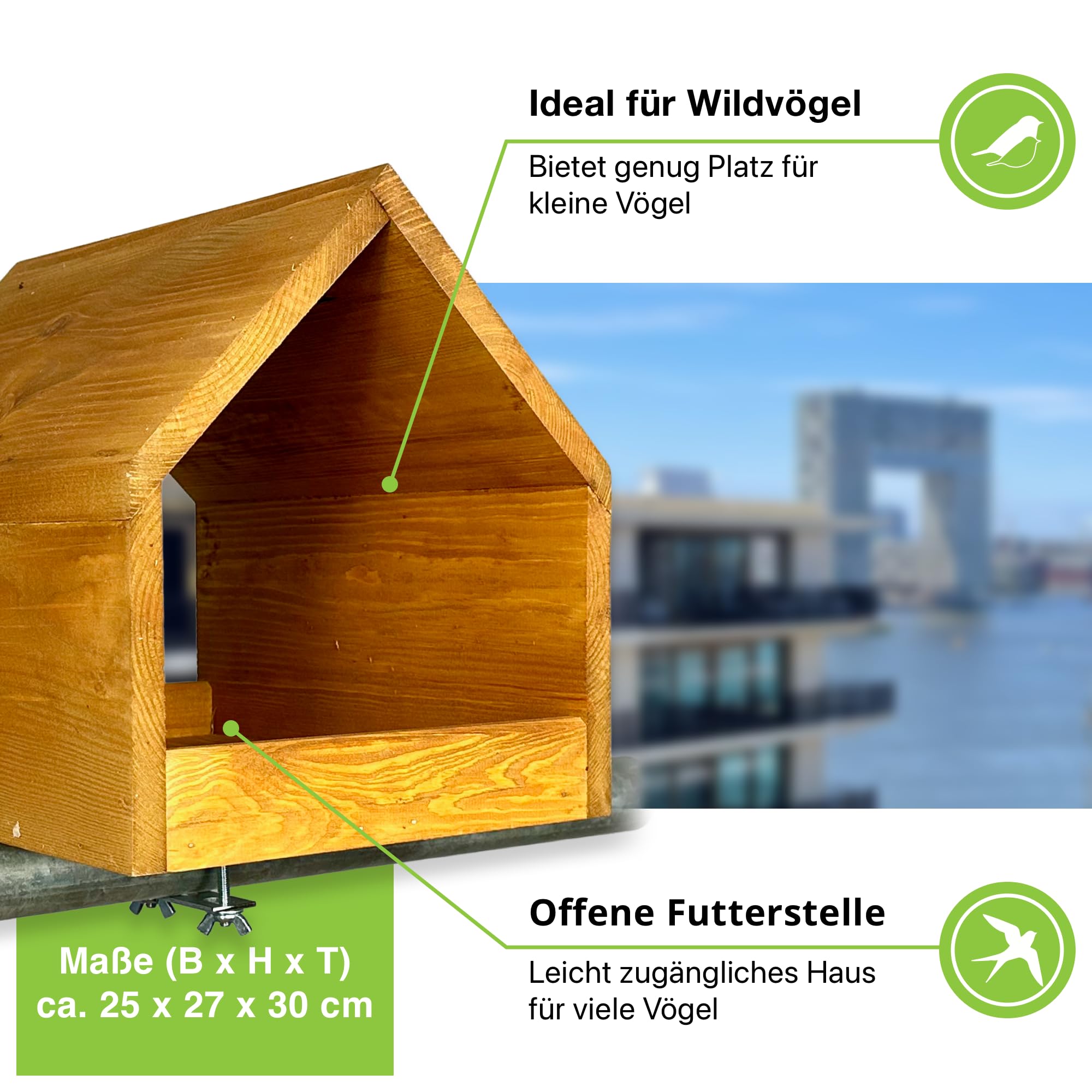 GARTENETAGE Balkon-Vogelfutterhaus aus massivem Kiefernholz mit Stabiler Balkonhalterung – wetterfestes Futterhaus für Wildvögel, Meisen & Rotkehlchen – dekorativ, nachhaltig, leicht zu reinigen