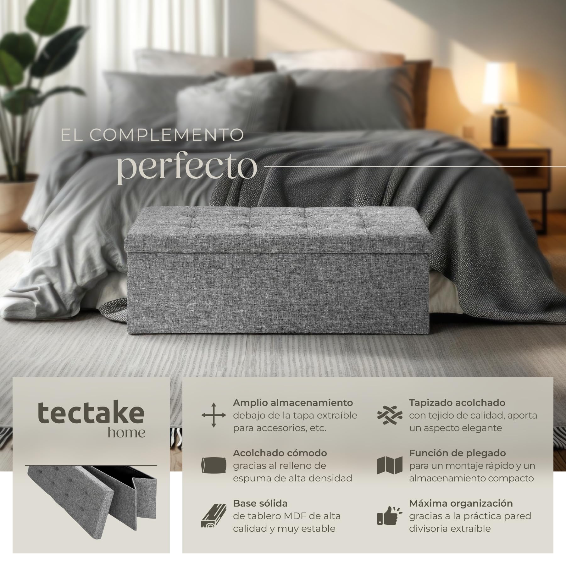tectake® Puff Almacenaje Plegable con Asiento Acolchado y Gran Capacidad Interior, Ideal como Zapatero Entrada Recibidor o Banco con Almacenaje para el Hogar - 110 x 38 x 38 cm Gris Claro