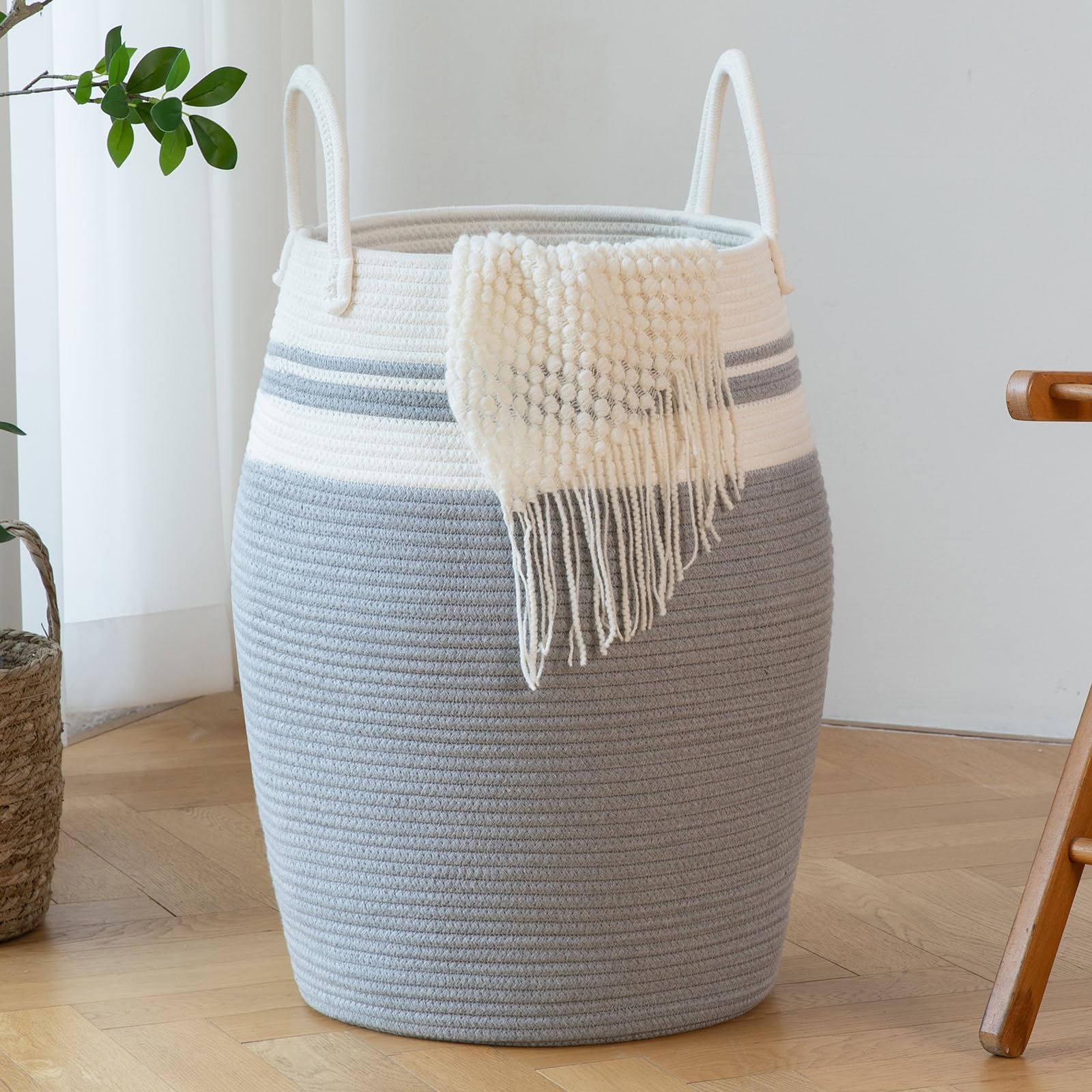 OIAHOMY Laundry Hamper, 66L Woven Cotton Rope Clothes Hamper, 12.6"x21.7"Tall Laundry Basket with Extended Cotton Handles for Storage Clothes Toys in Bedroom, Livingroom, Foldable (White & Light Grey)