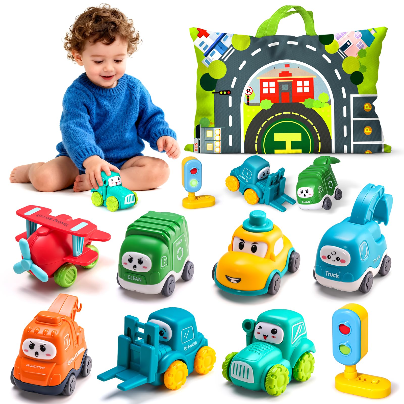 ALASOU 8 PCS Baby Cranes Car Toys for 1 Year Old Boy with Playmat/Storage Bag|1st Birthday Gift for Toddler Toys 1-2|Baby Toys 1 Year Old Boy Gifts for Infant 12 18 Months