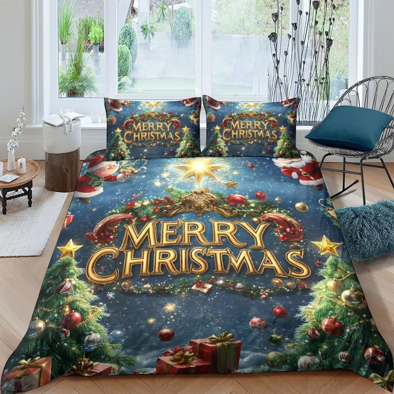 Ctjqhvkz Style-8 3D Printed Christmas Tree Fitted Sheet Microfiber Soft Breathable Santa Gift Bed Cover For Bedroom Dorm Guest Room Mattress Protection Single（135X200cm）