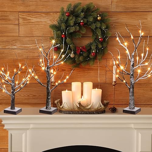 Miniatura 7 de 3 piezas de abedul iluminado de 1.5 pies 1.65 pies 2 pies mini árbol de abedul con 24 luces LED blancas cálidas funciona con pilas, luz artificial