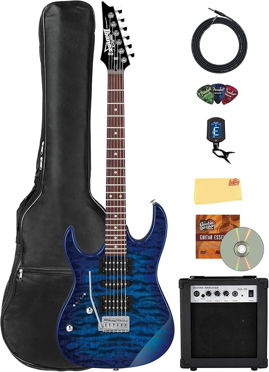 Ibanez GRX70QAL RG Gio Electric Guitar, Left Handed - Transparent Blue Burst Bundle with Amplifier, Gig Bag, Tuner, Cable, Picks, Austin Bazaar Instructional DVD, and Polishing Cloth