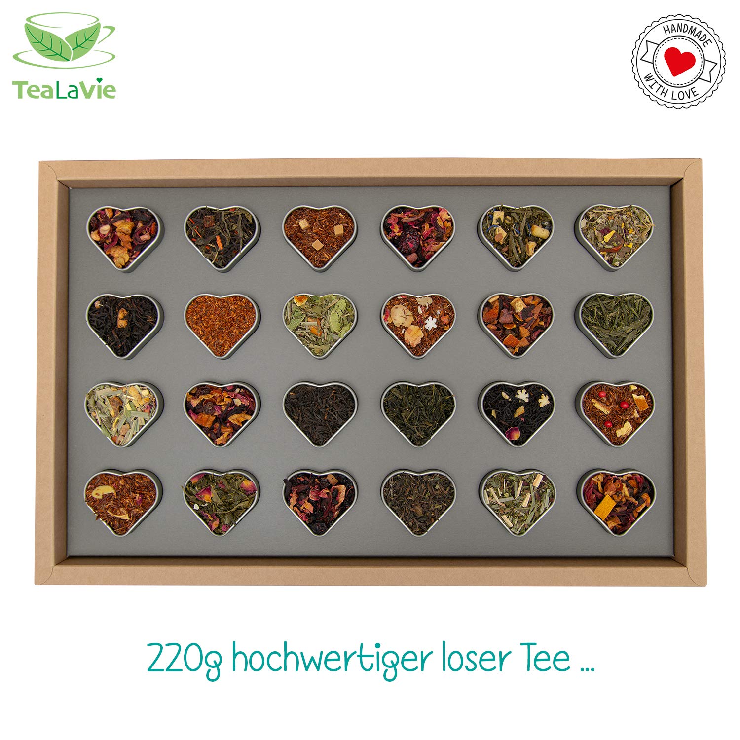 TEALAVIE Tee-Geschenk Set | Präsentbox mit 24 hochwertige lose Tees in edlen Teedosen | inkl. Standfuss | handgemacht | 220g