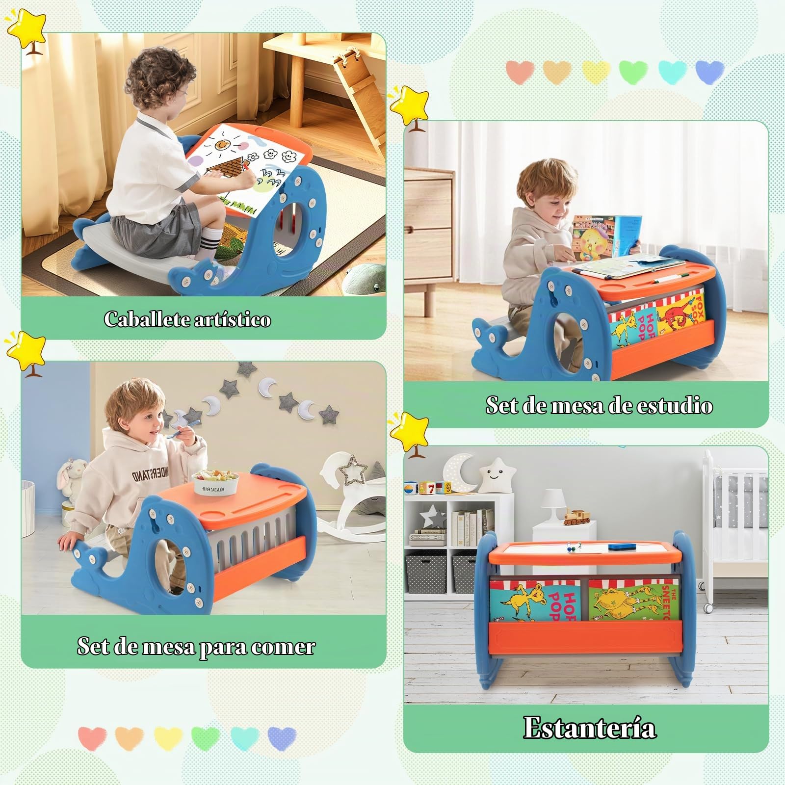 HOMASIS Juego de mesa de actividades y pizarra para niños, Caballete convertible infantil 4 en 1 con banco, Mesa de dibujo con tablero y forma de ballena, para niños más de 1 años, 67x54x39cm, Azul