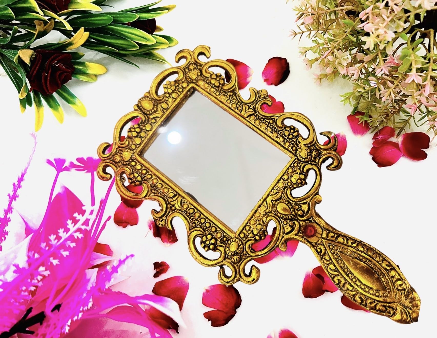Oxide Metal Handheld Mirror with Handle Antique Craft Rajasthani Vintage Compact for Personal Makeup Vanity Portable Travel Skin Mirror Pack of 1-image-20