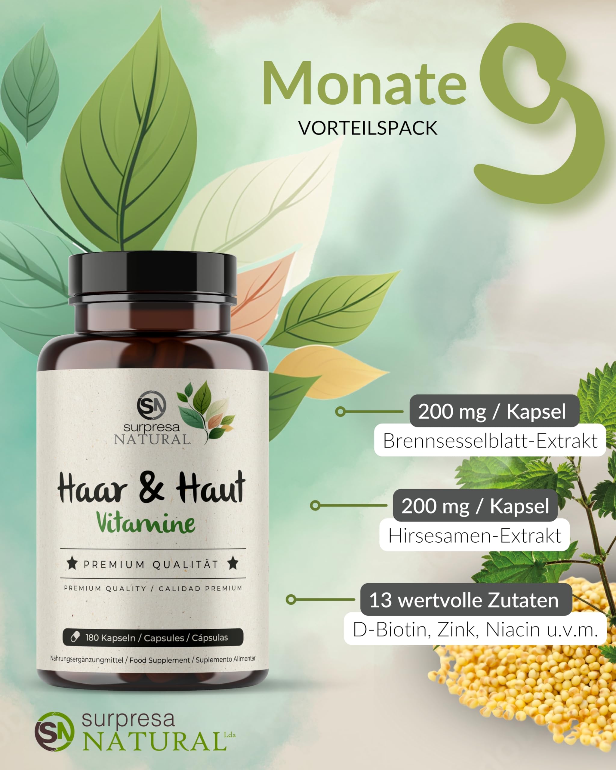 Haut & Haar Kapseln hochdosiert I 3x 180 Kapseln I 200mg Brennessel-Extrakt & Hirsesamen pro Kapsel I Haut & Haar Vitamine I Nahrungsergänzungsmittel vegan & laborgeprüft
