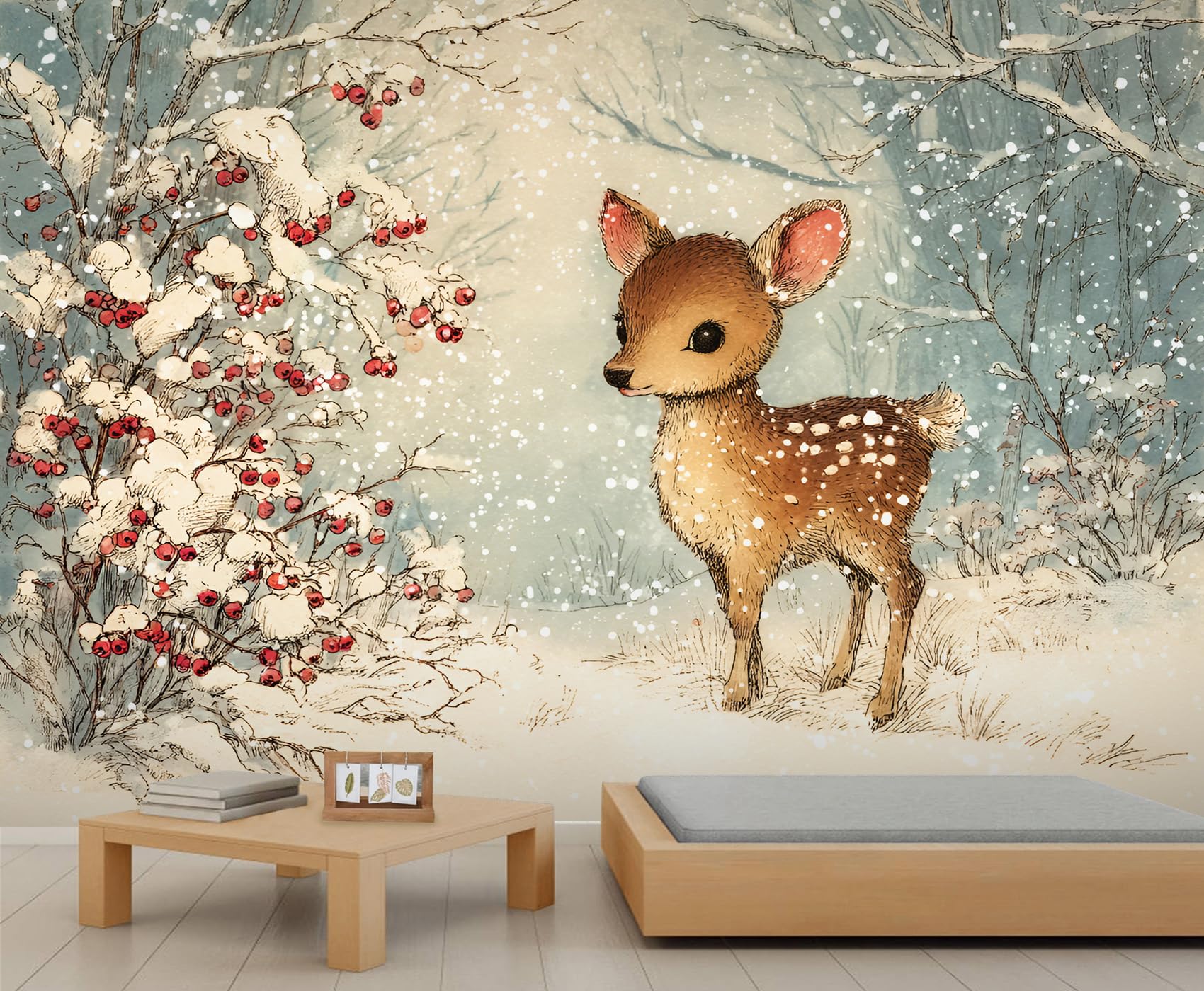 Cute Deer Murals Forest Animal Hunting Wallpaper for Kids Room Snow Scene Wallpaper for Bedroom Poster Mural Living Room Dining Room Decor 490 X 350 cm