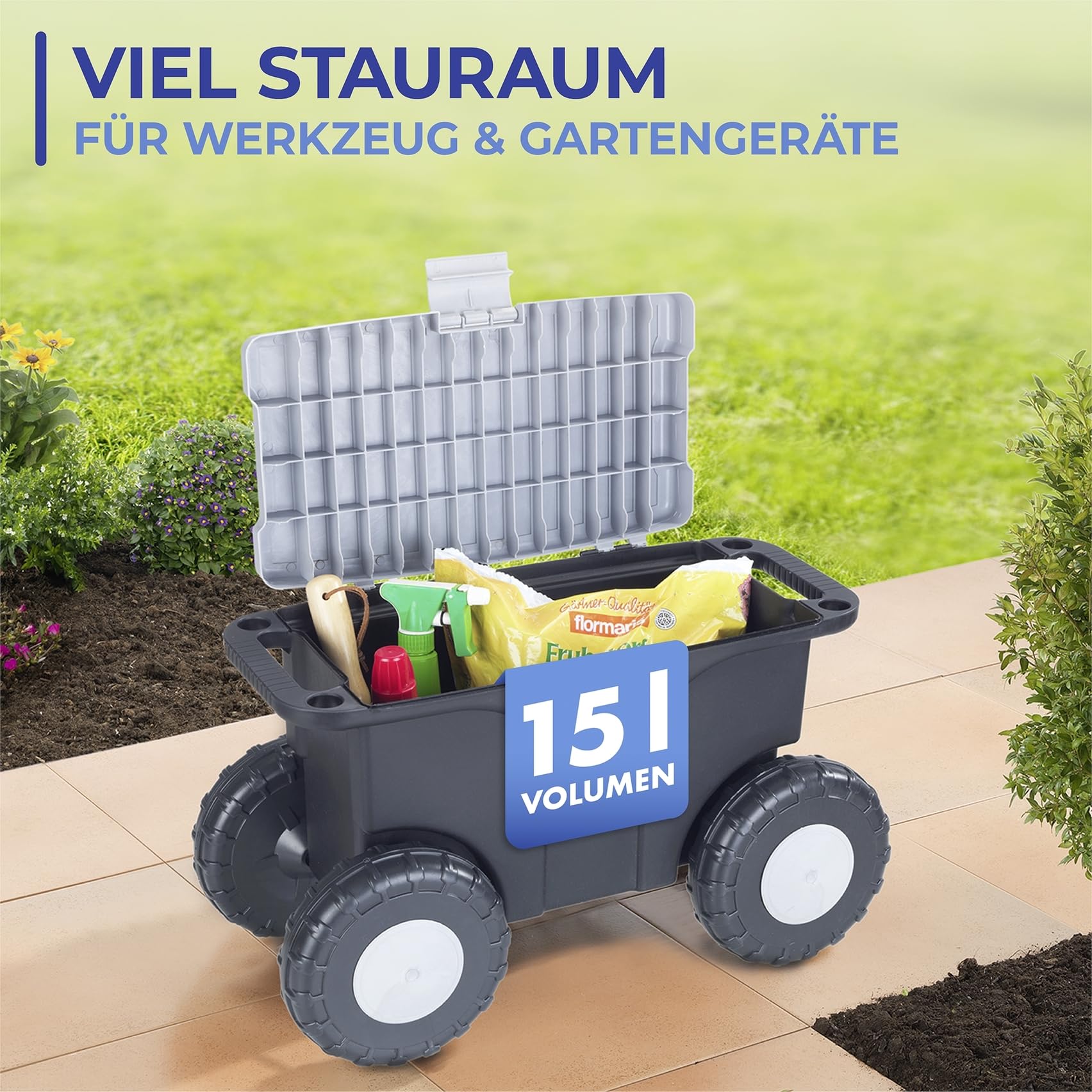 Maximex Chariot De Jardin XXL Avec Siège Et Rangement 15L - Tabouret Roulant Pour Dos Et Genoux - Capacité 110 Kg - 4