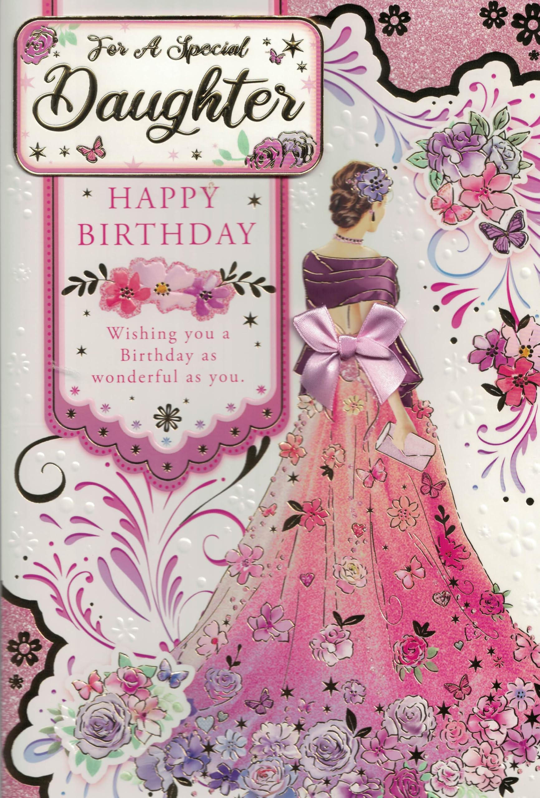 “Luxury Daughter Birthday Card – Large 30x20cm Pink Floral Design with Ribbon Bow & 8-Page Insert – Elegant Happy Birthday Card for Daughter”