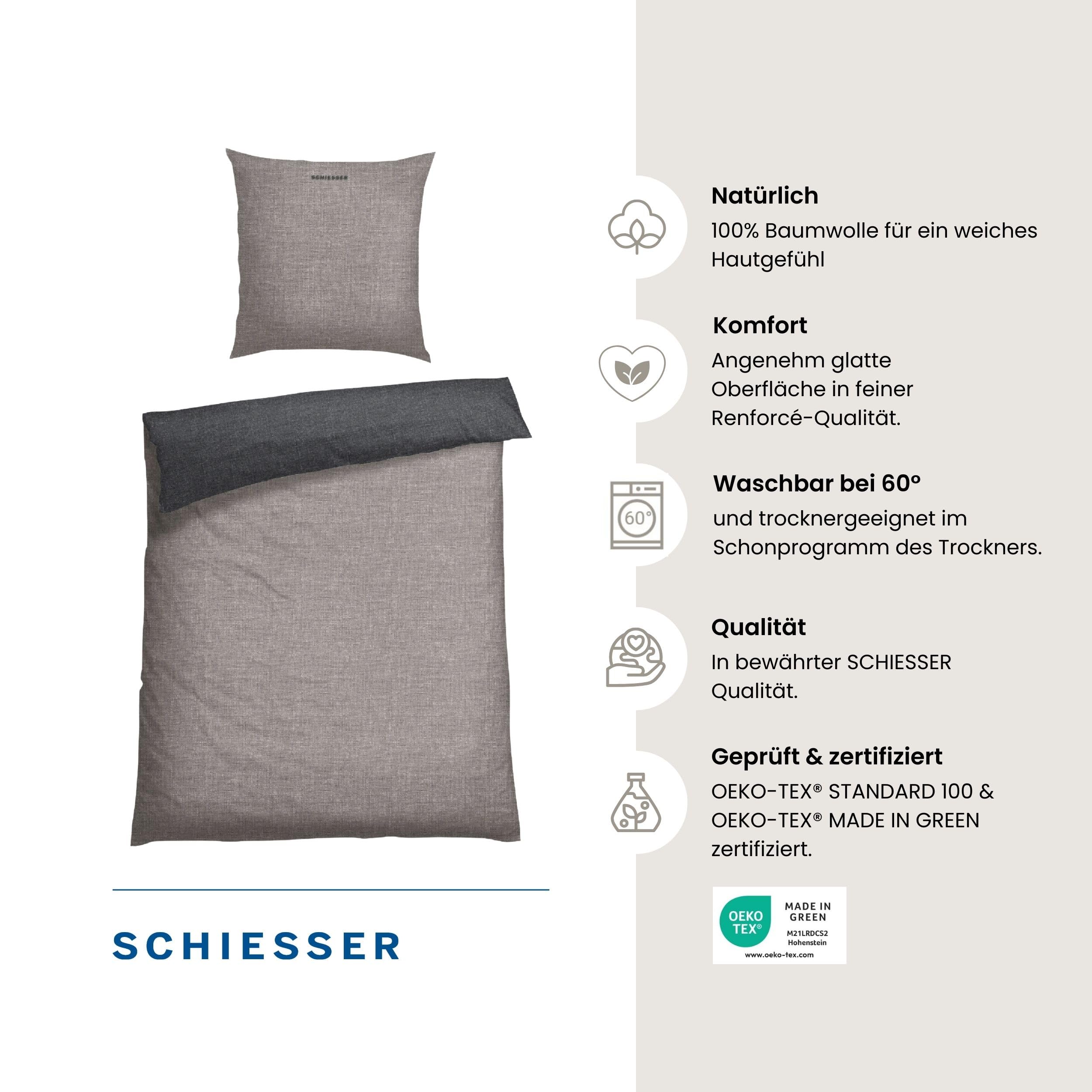 Schiesser Federe Cuscino 40x80 Set 2 Pezzi Double Face Cotone Rinforzato Grigio E Nero