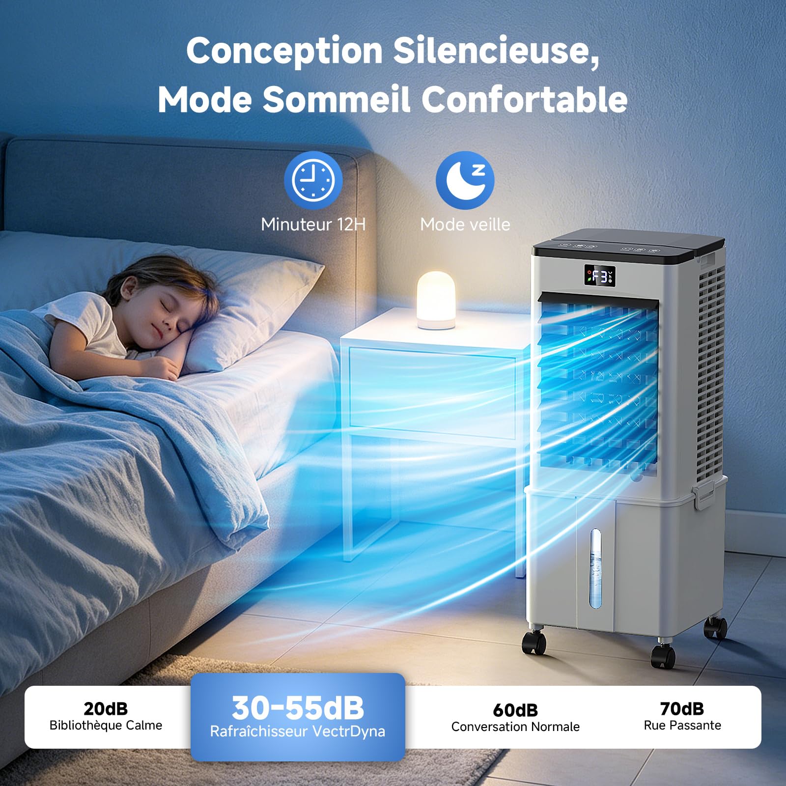Climatiseur Mobile Silencieux Amélioré 10L, Rafraîchisseur d'Air 4‑en‑1, Télécommande, Minuterie 12h, 3 Vitesses, Oscillation, Climatiseur Portable Pour Camping Chambre Cuisine(Noir et blanc mat)
