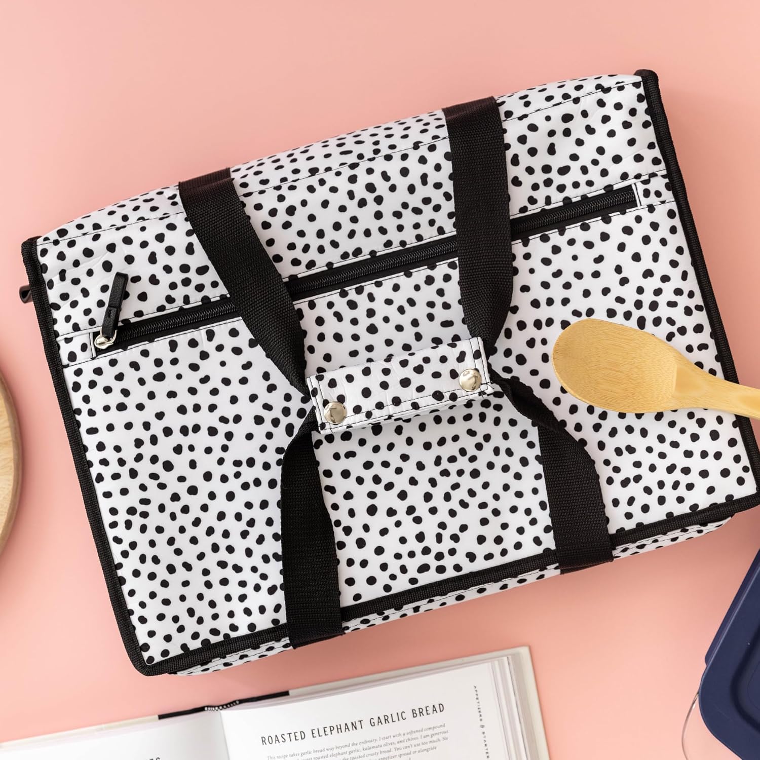 Steel Mill & Co Casserole Carrier for Hot or Cold Food, Fits 9”x13” Glass Baking Dish with Lid, Insulated Food Carrier for Picnics, Cookouts, and Potlucks, Black Dots