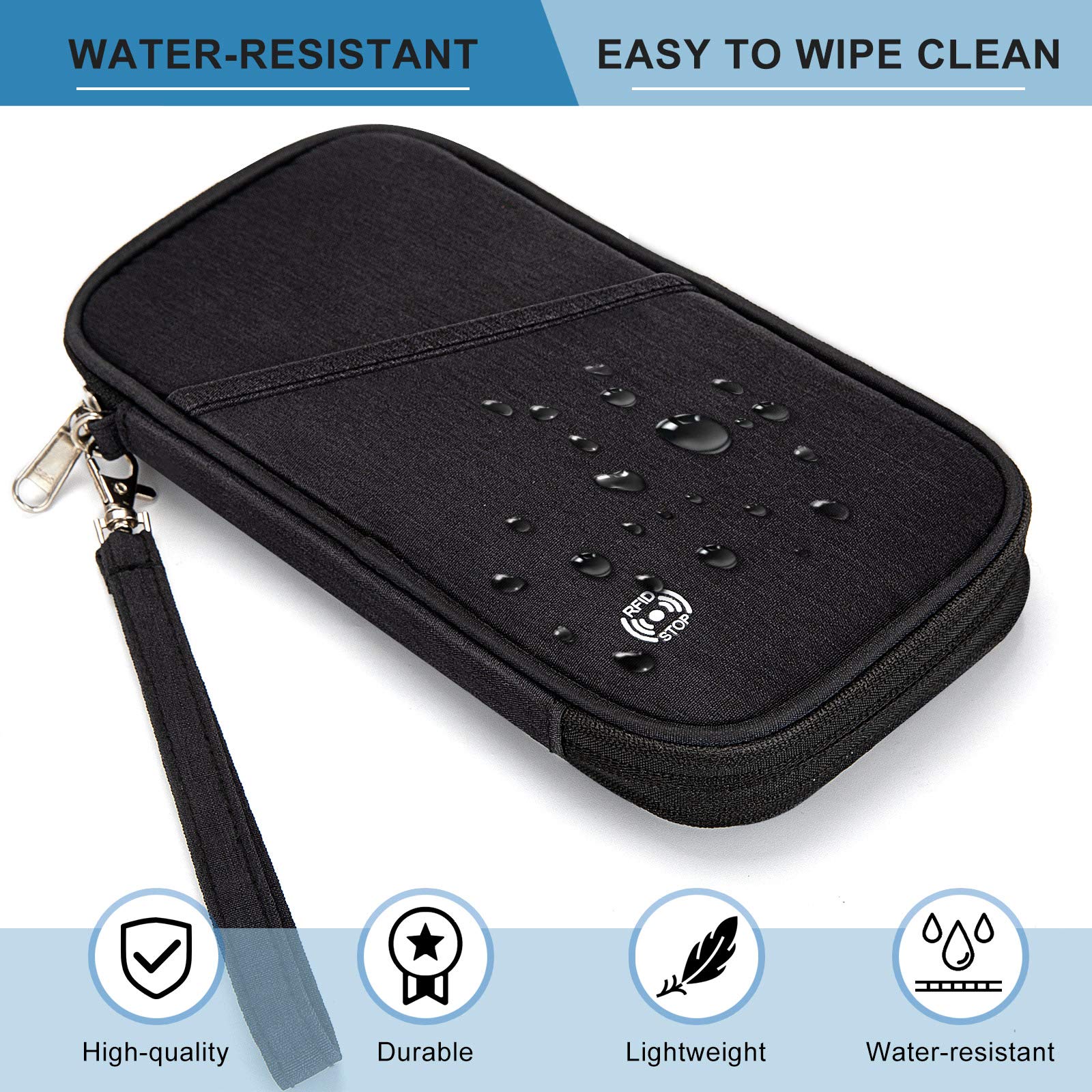 Soporte para pasaporte familiar con diseño de acordeón RFID, cartera de viaje con bloqueo, organizador de documentos con cremallera para mujeres y hombres (Negro-2), Negro-2, Cartera Rfid 5