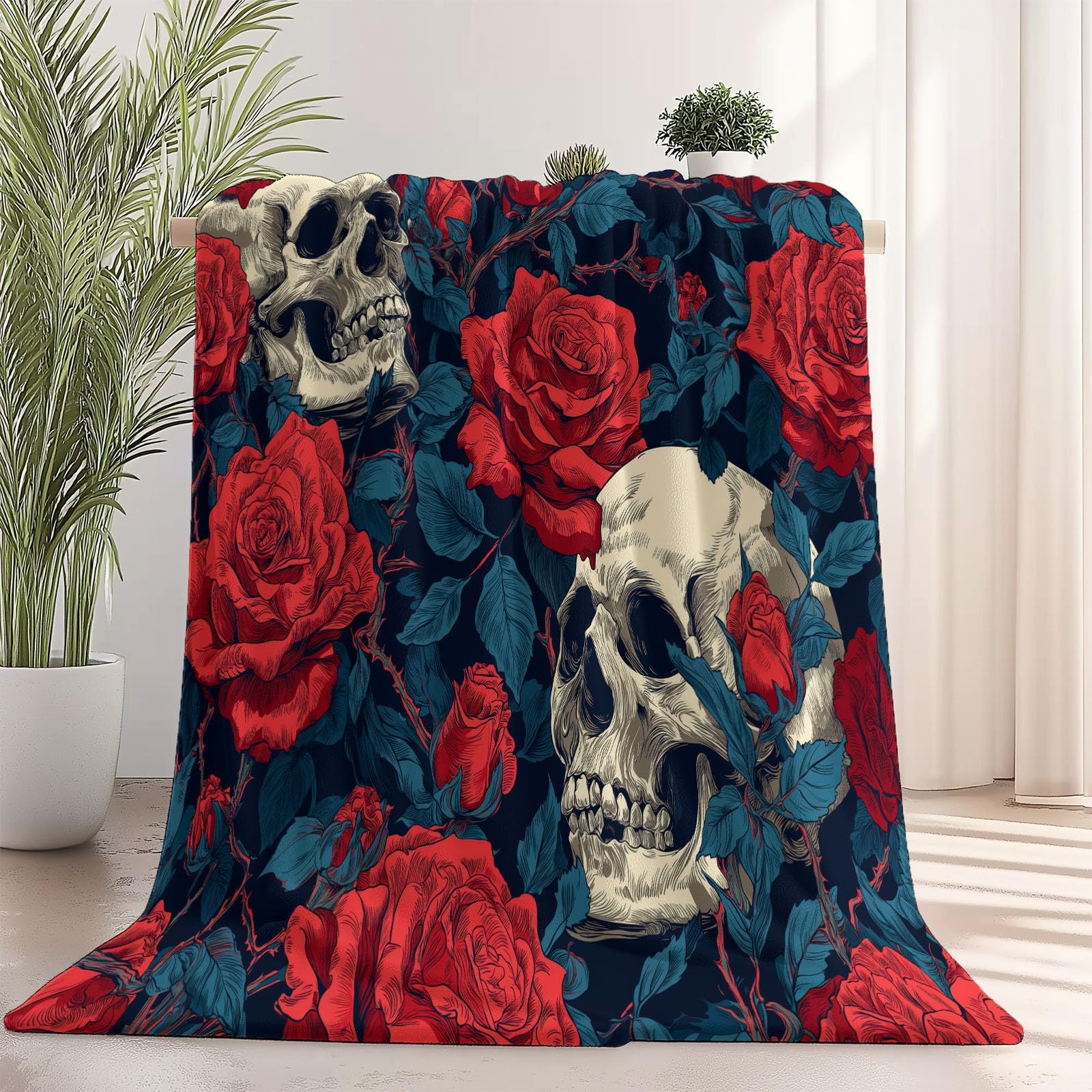Wielokolorowy koc z polaru flanelowego 200 x 220 cm - abstrakcyjna różowa czaszka miękka i przytulna, nadruk w kratę na sofę lub podróż