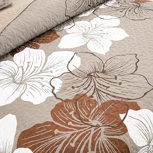 Miniatura 3 de DJY Juego de edredón marrón, tamaño Queen, color gris pardo, juego de colcha floral bohemia con 2 fundas de almohada, elegante juego de edredón de