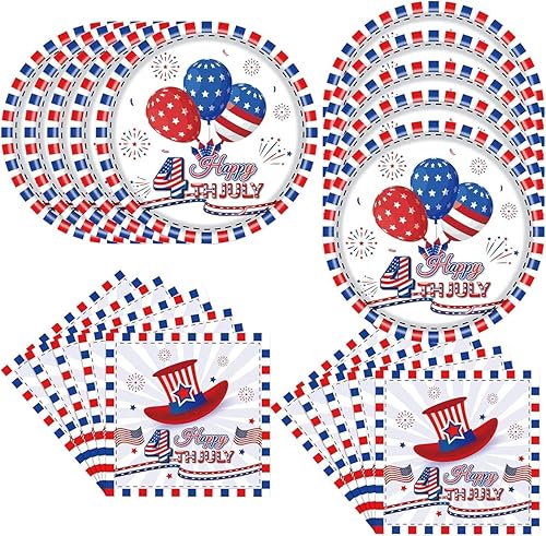 Foxercases Paquete de 40 piezas de vajilla con bandera patriótica 20 servilletas, 20 platos, juego de decoración desechable para fiestas del 4 de