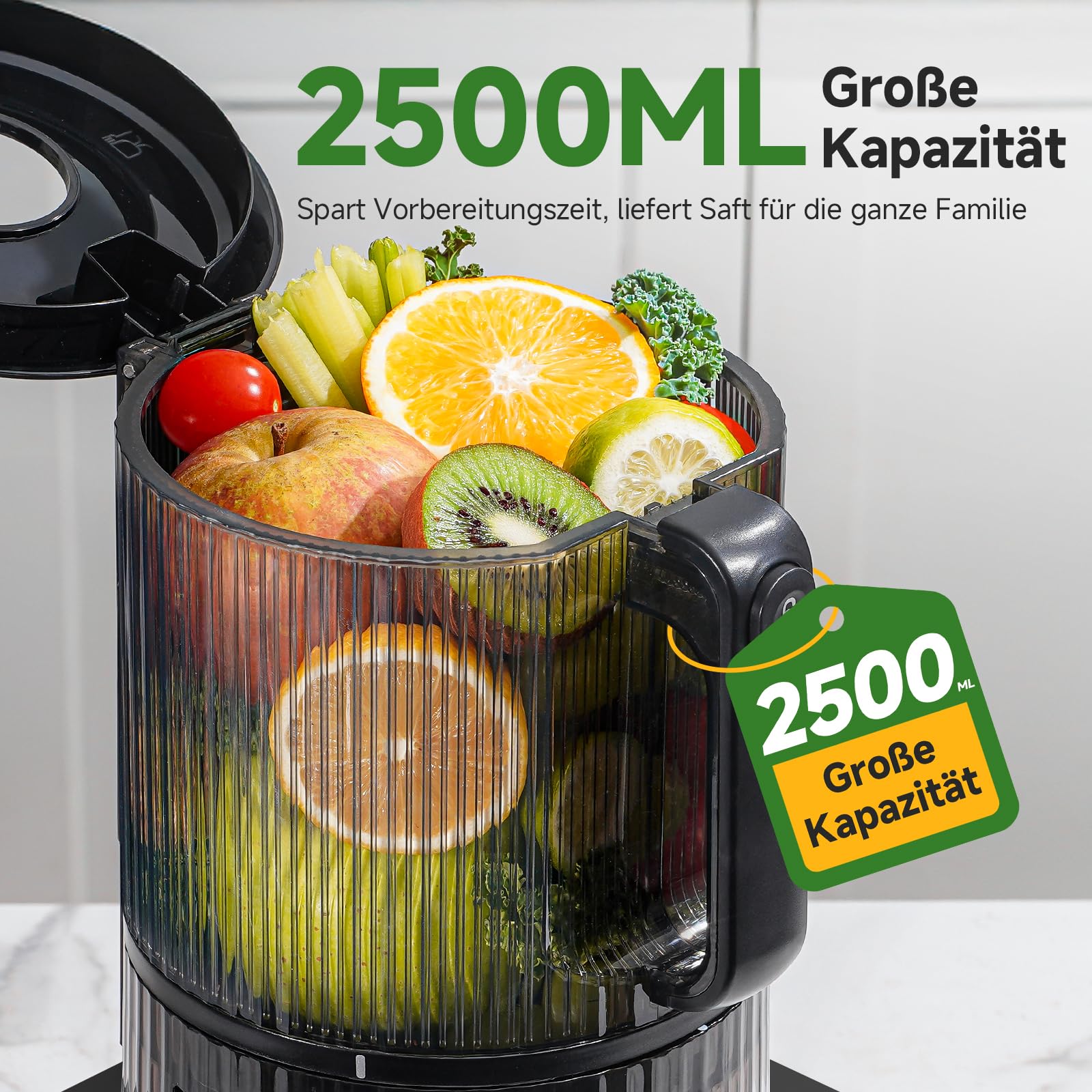 AMZCHEF Entsafter Slow Juicer für ganze Früchte & Gemüse, Kaltpress Saftpresse mit 155 mm XXL-Einfüllöffnung, 2,5 L Behälter, 3-in-1 Sieb (für Saft, Sorbet & Nussmilch), leicht zu reinigen, Schwarz