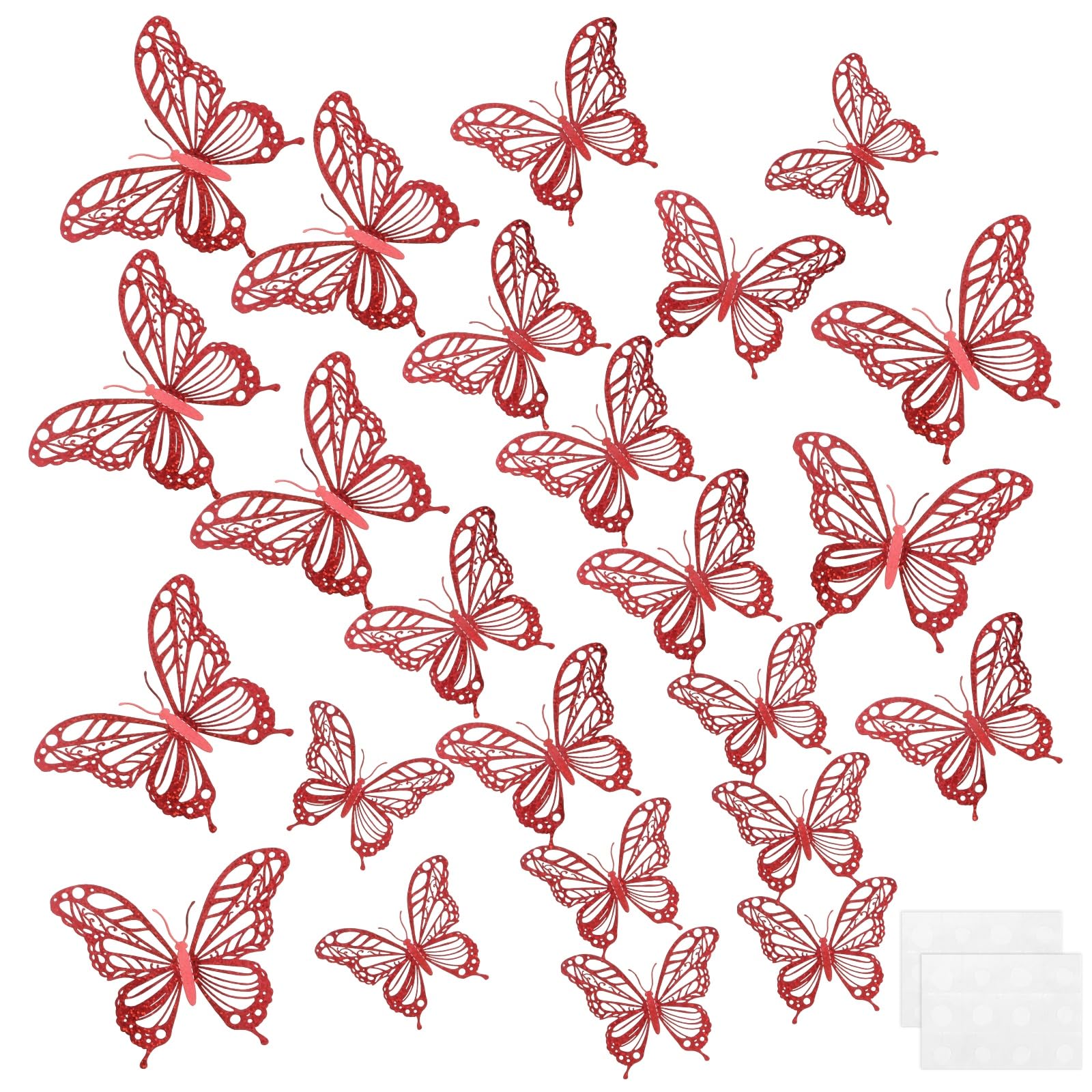 M METERXITY 24 Pack Butterfly Wall Decor, Hollow 3D Butterflies Stickers Wall Art, Removable Stickers Decorations for Christmas Birthday Wedding Party [Red Polka Dot, 3 Size]