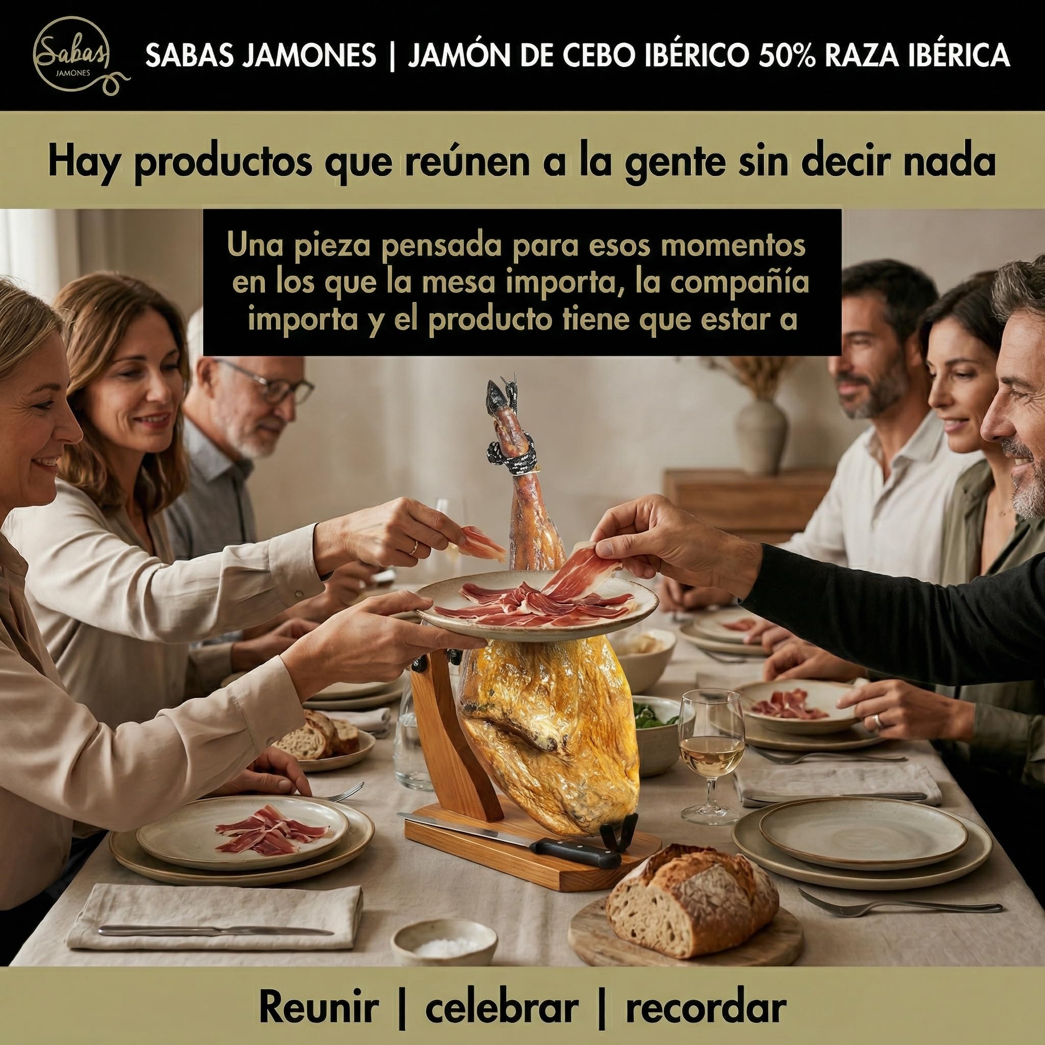 SABE A SABAS Jamon Iberico de Cebo 50% Raza Iberica Pieza Entera 8-9 kg Curacion Bodega Natural Mas de 30 Meses Sin Gluten Jugoso Gourmet Regalo Celebracion Aperitivo Navidad Tabla