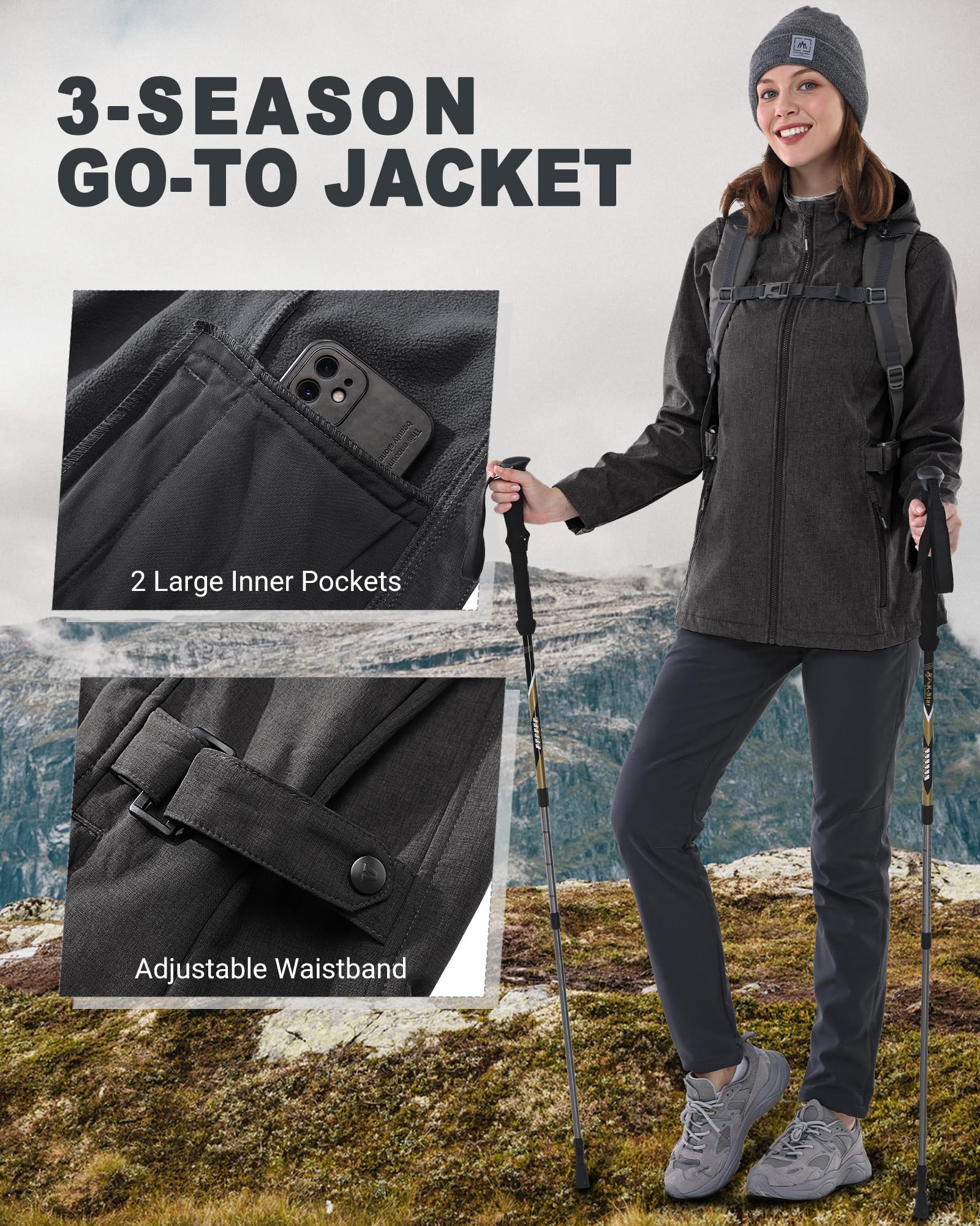 Outdoor Ventures Giacca softshell da donna, corta, foderata, impermeabile, con cappuccio rimovibile, impermeabile, impermeabile, impermeabile, impermeabile, impermeabile, per escursioni, corsa, sport