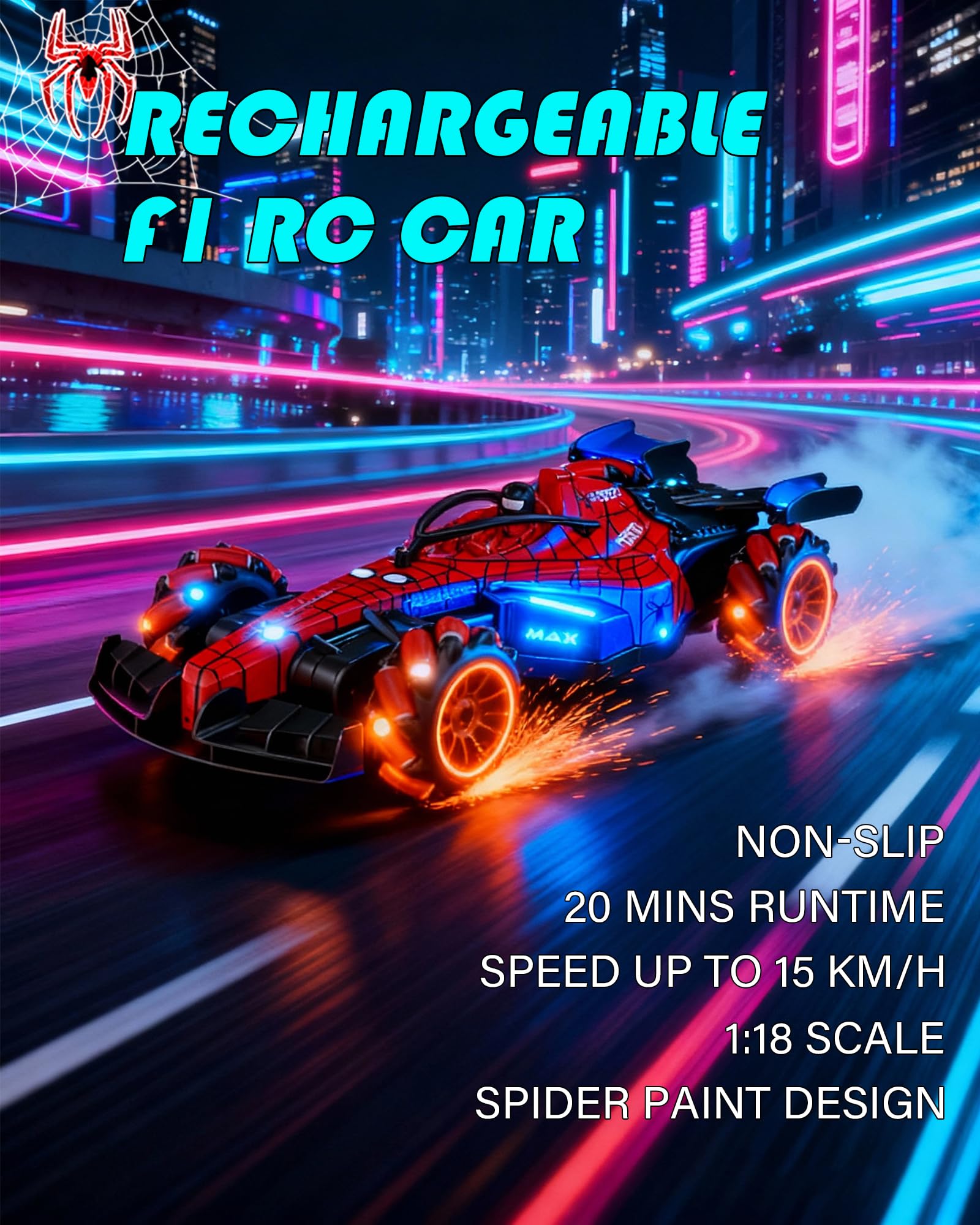 Voiture Radiocommandée Enfant – Voiture RC Rechargeable 4x4 Drift, Échelle 1:18 Design F1 Motif Araignée, Rotation 360°, avec Effet de Vapeur, Sons et Lumières LED, Télécommande 2.4GHz, Cadeau Garçon