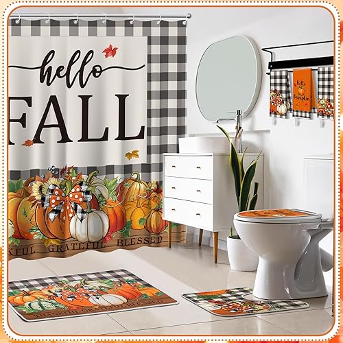 Miniatura 2 de Juego de 7 cortinas de ducha de Acción de Gracias para baño, cosecha de otoño, decoración de baño, cortina de ducha impermeable de calabaza otoñal