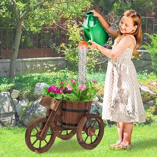 Miniatura 9 de Maceta de jardín con 3 ruedas para carrito de madera, para decoración al aire libre, para patio, césped, patio trasero