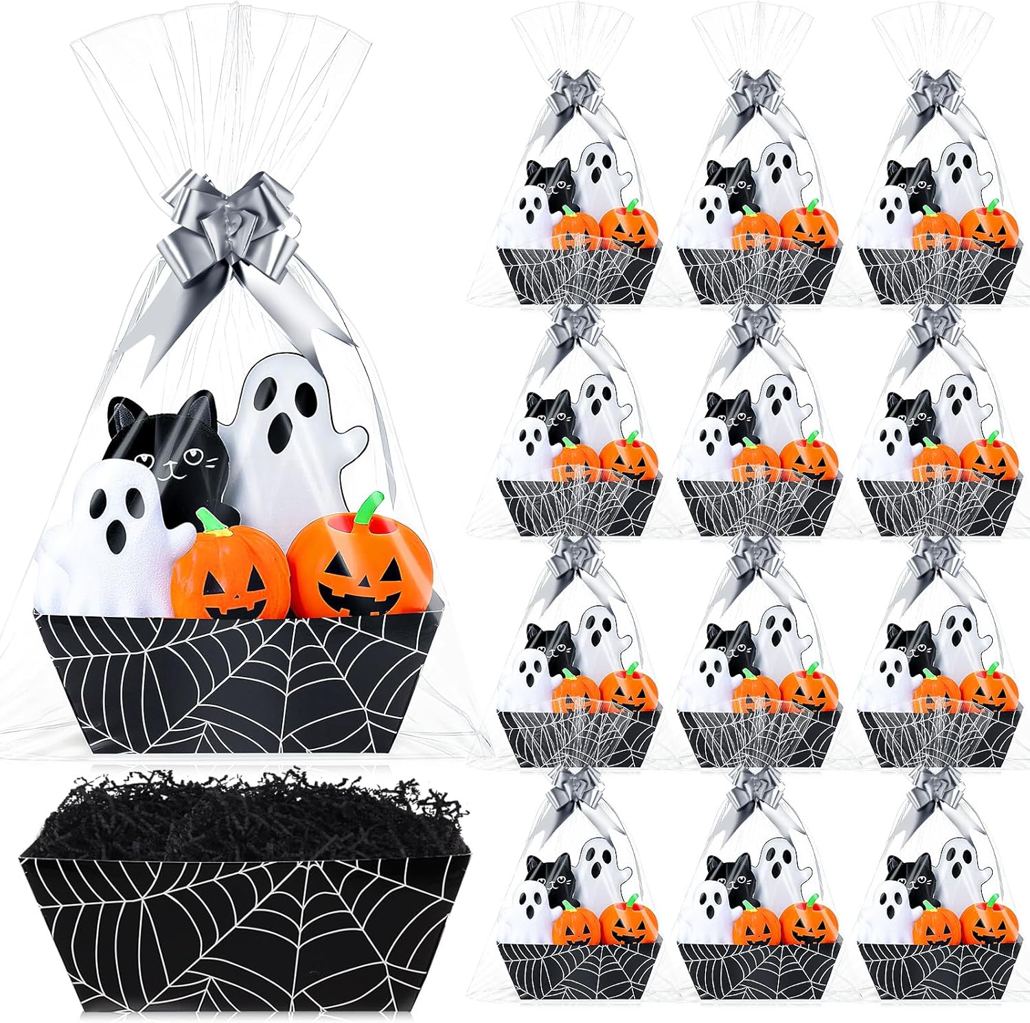 Fulmoon 60 Pcs/ 20 Pack Halloween Spider Web Basket for Gift Empty 8 x 6 Inch Boo Buckets Halloween Empty Bags Boxes with Pull Bows Raffia Grass for Trick or Treat Party Holiday Wrapping Favors