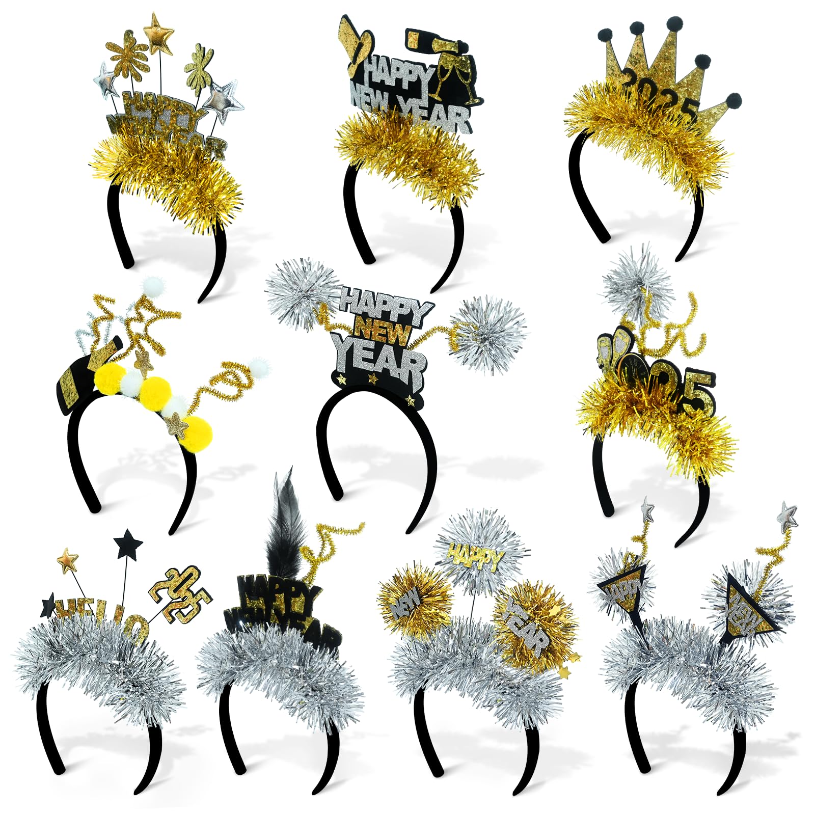 Mega-L 10Pcs New Year Headbands, 2026 Happy New Year Party Supplies Favors, Gold Black Silver Headwear for Adult Women, Glitter Photo Booth Props Holiday Headwear for Happy Eve Party Celebration 2026