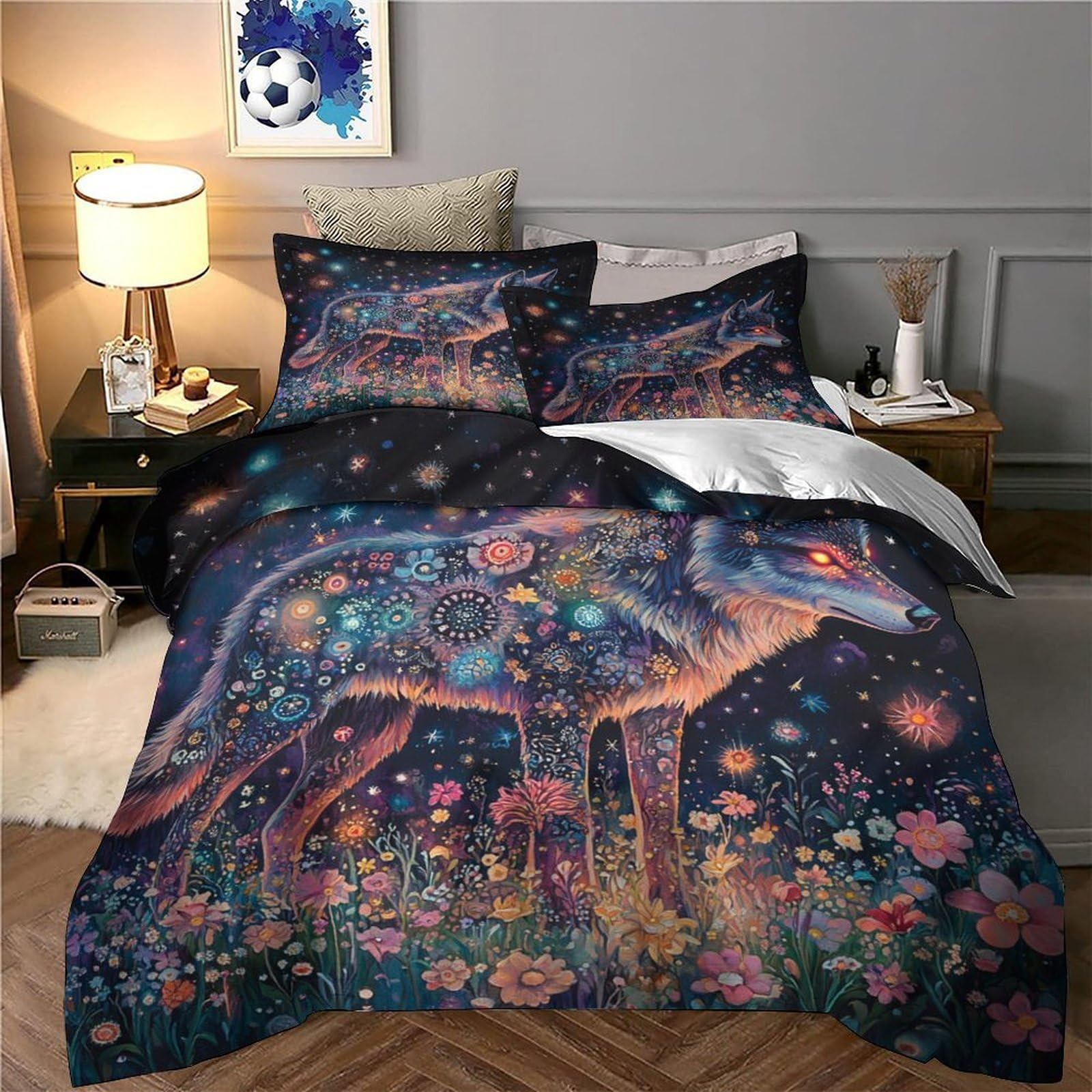 Fantasia di lupi stellati Impressione 3D 3 pz coperteletto arte digitale stile surreale fodera per edredone microfibra ipoallergenica zip per bambini uomini adulti King（220x240cm）
