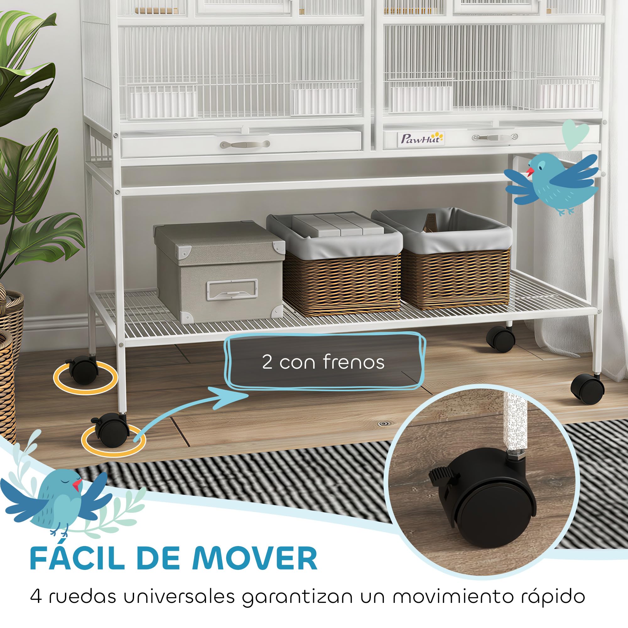 PawHut Jaula para Pájaros Grande con Divisor, Pajarera Doble con Ruedas, 4 Comederos, 4 Perchas, Estante, 2 Bandejas Extraíbles, para Periquitos, Agapornis, Canarios, 95x45,5x102 cm, Blanco