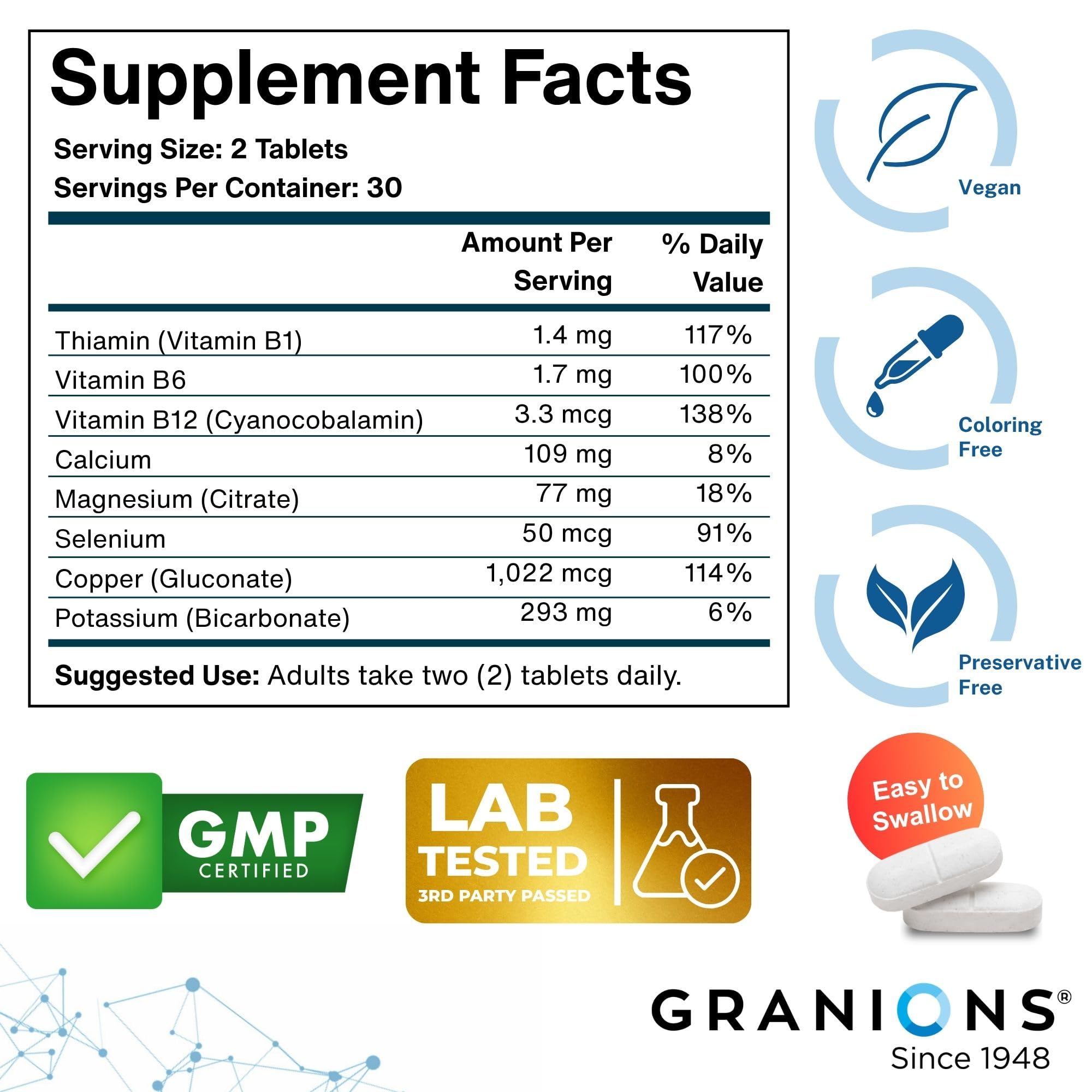 Granions Muscle Relaxer Pills Complex - Magnesium, Potassium, Selenium, Copper, B Vitamins Relaxant - Daily Comfort Supplement to Support Normal Muscle Function and Relaxation - 60 Tablet, 30 Servings — Amazon image 3