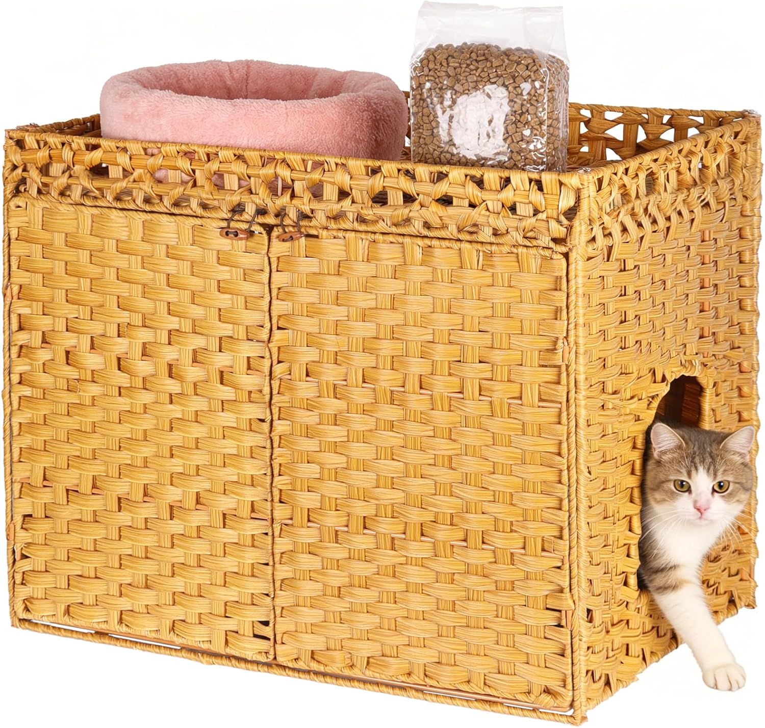 SZEE Cat Litter Box Enclosure Furniture, Hidden Litter Box with Mat, Handwoven Rattan Cat Houses for Indoor/Outdoor Cats, Large Litter Box Enclosure with 12” Edge for Living Room/Bedroom/Washroom