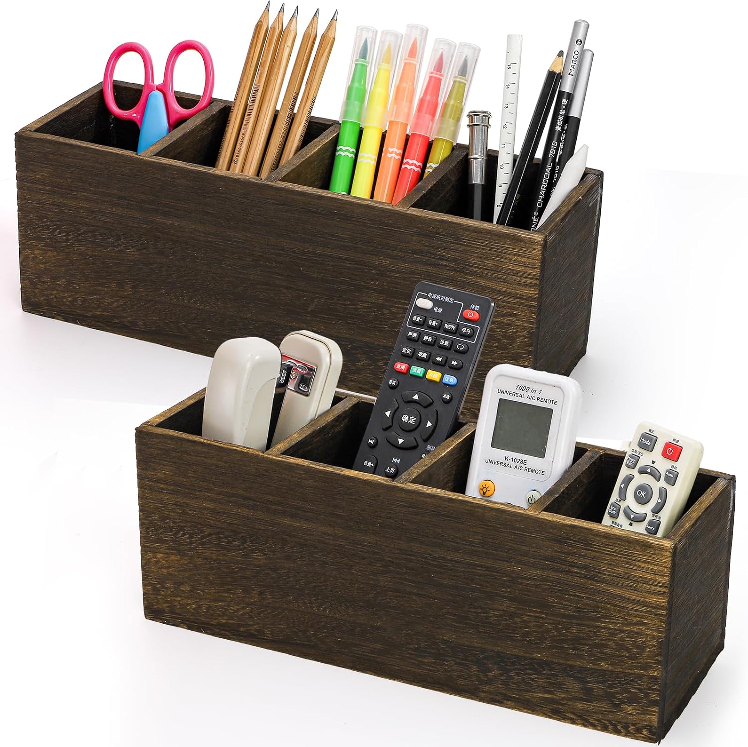 Dicunoy Paquete de 2 portalápices de madera para escritorio, organizador de mesa retro con 4 compartimentos para suministros de arte, bolígrafos,