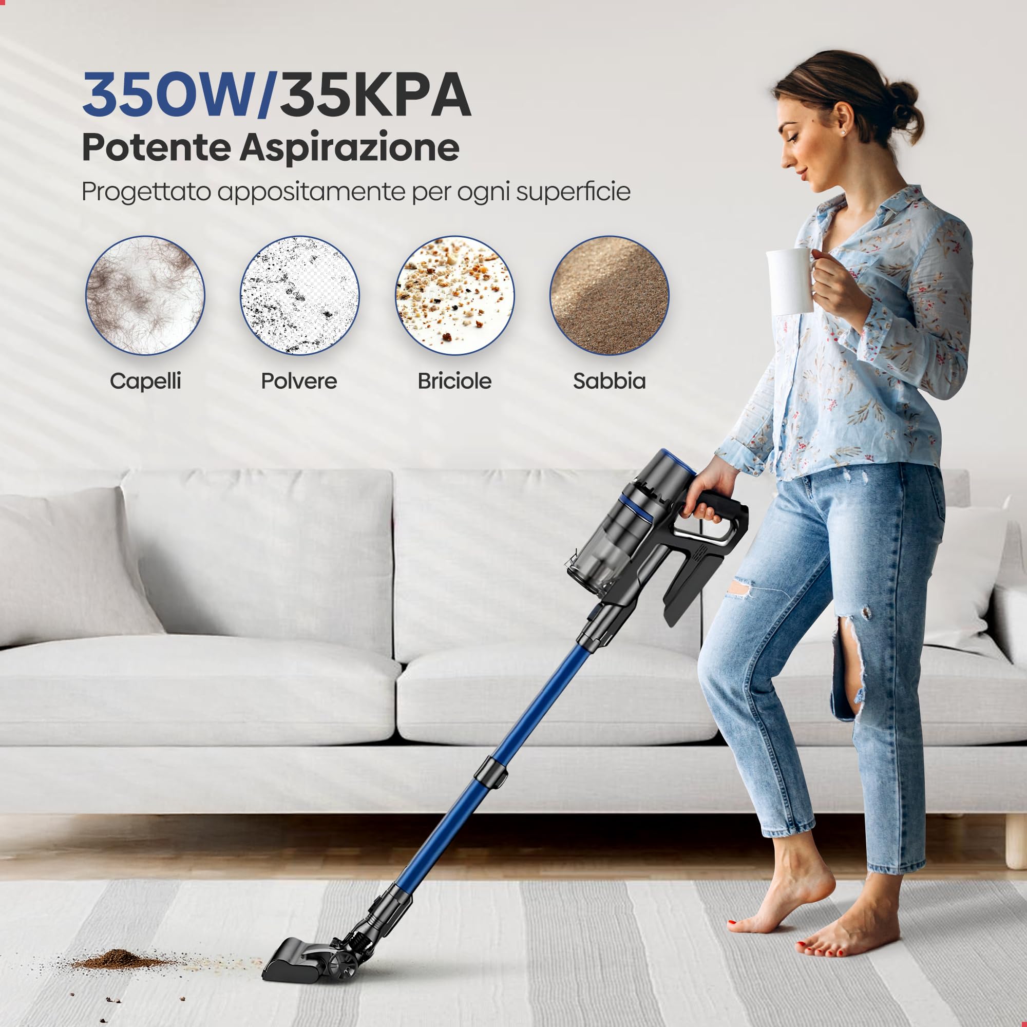 Olvy Aspirapolvere a batteria 2 in 1 – senza fili, senza sacchetto – 35.000 Pa potenza di aspirazione, 5 livelli, Display LED, filtro HEPA