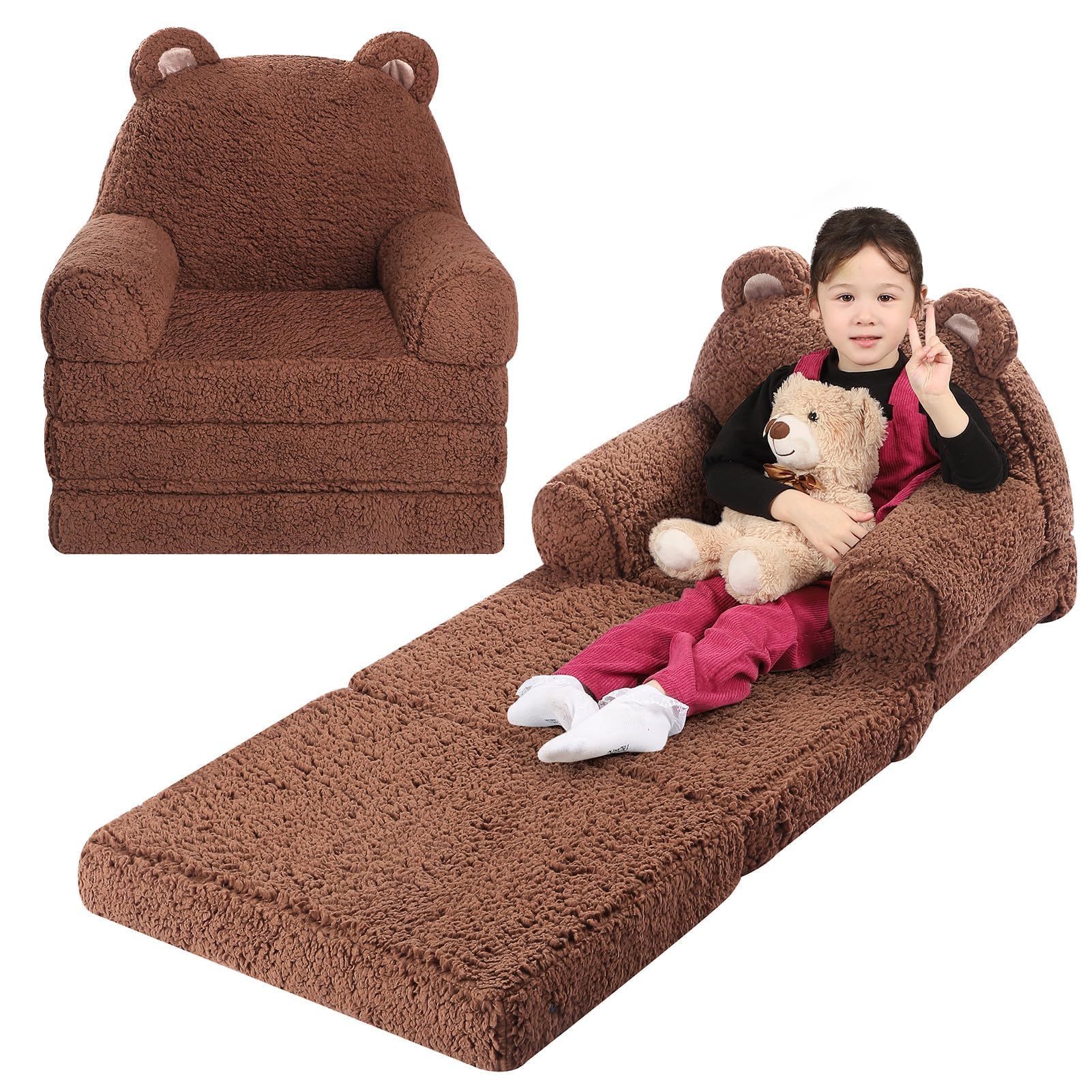 Kids Sofa, Sherpa Couch with Tri-Layer Foam Cushions, Comfy Seating for Kids Age 3–6 Years, Brown