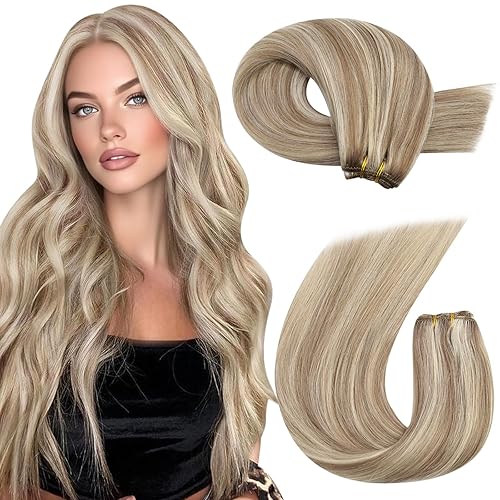 Moresoo Sew in Hair Extensions Real Human Hair Remy Straight Weft Hair Extensions Human Hair Light Brown Highlighted with Blonde 100g 18 Inch