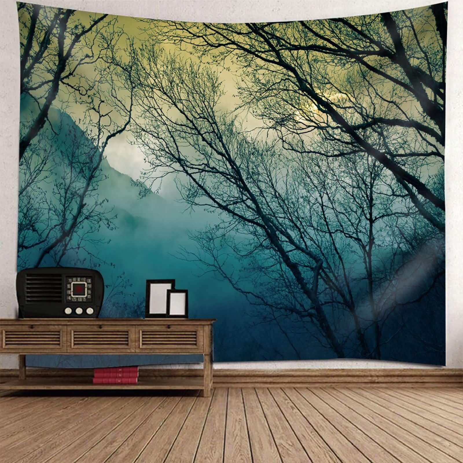 Homxi Tappeto da Parete Decorazione per Cameretta 200 W x 200 H CM, Paesaggio di Boschi Nebbiosi, Arazzo da Salotto Poliestere, Grigio Verde