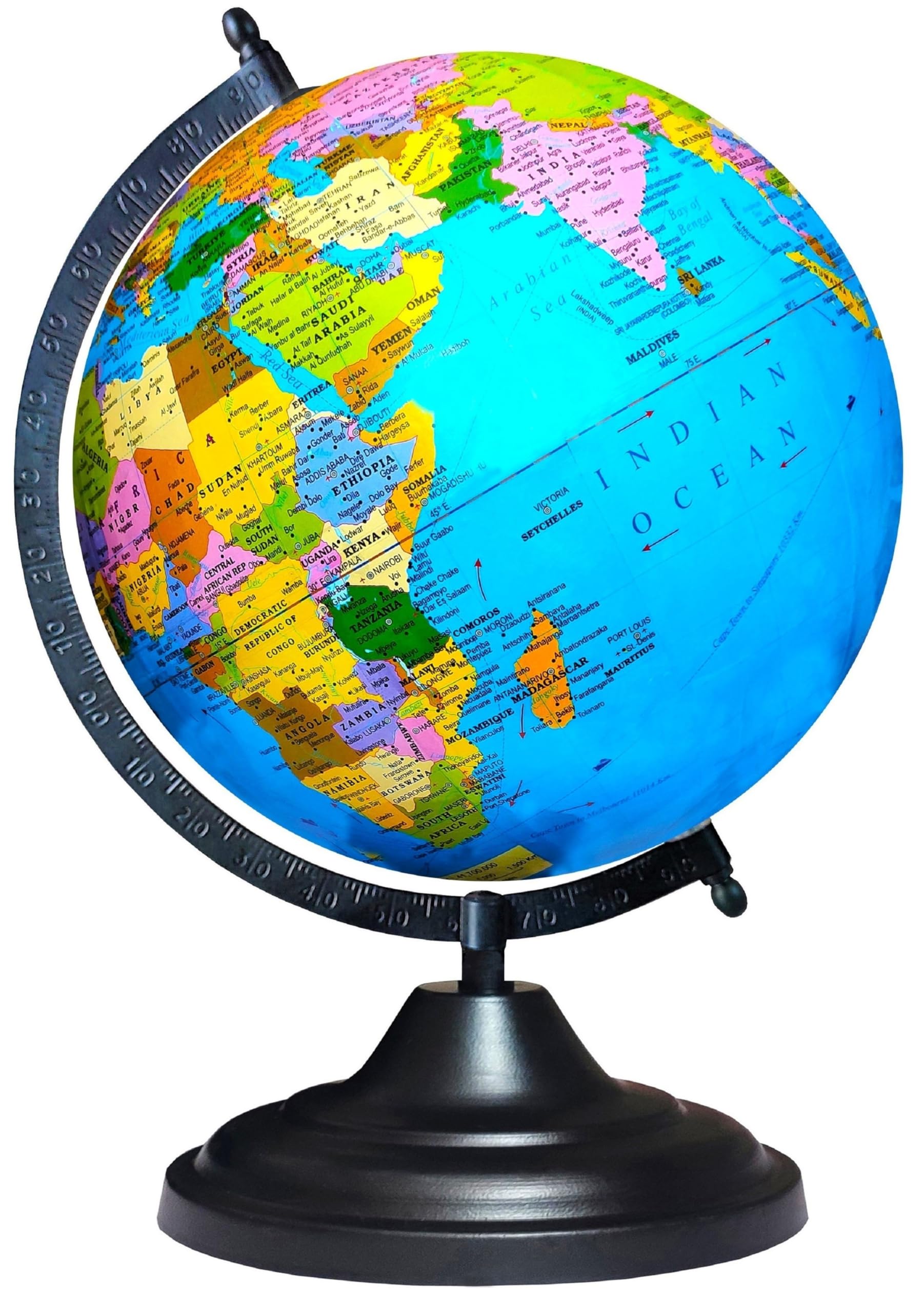 SEE WORLD Globe 15 Inch Height, 12 Inch Diameter (V.Big Size), Metallic Black Arc Base, Multicolor Map, Blue Ocean for Kids School College Home Officess (Black Blue 12-1)-image-48