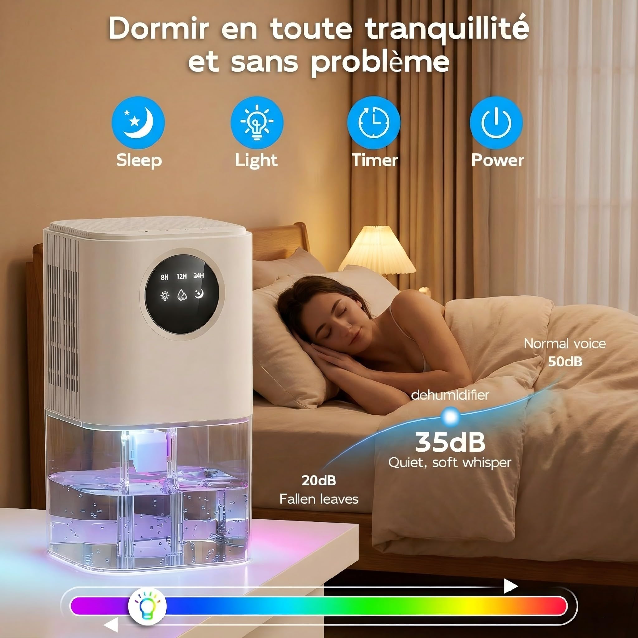 Deshumidificador Silencioso Bajo Consumo 1.8L - Deshumidificador Eléctrico Portátil con Modo Suspensión, Temporizador 24h y Apagado Automático - Ideal para Baño, Dormitorio y Armarios(560ml/día)
